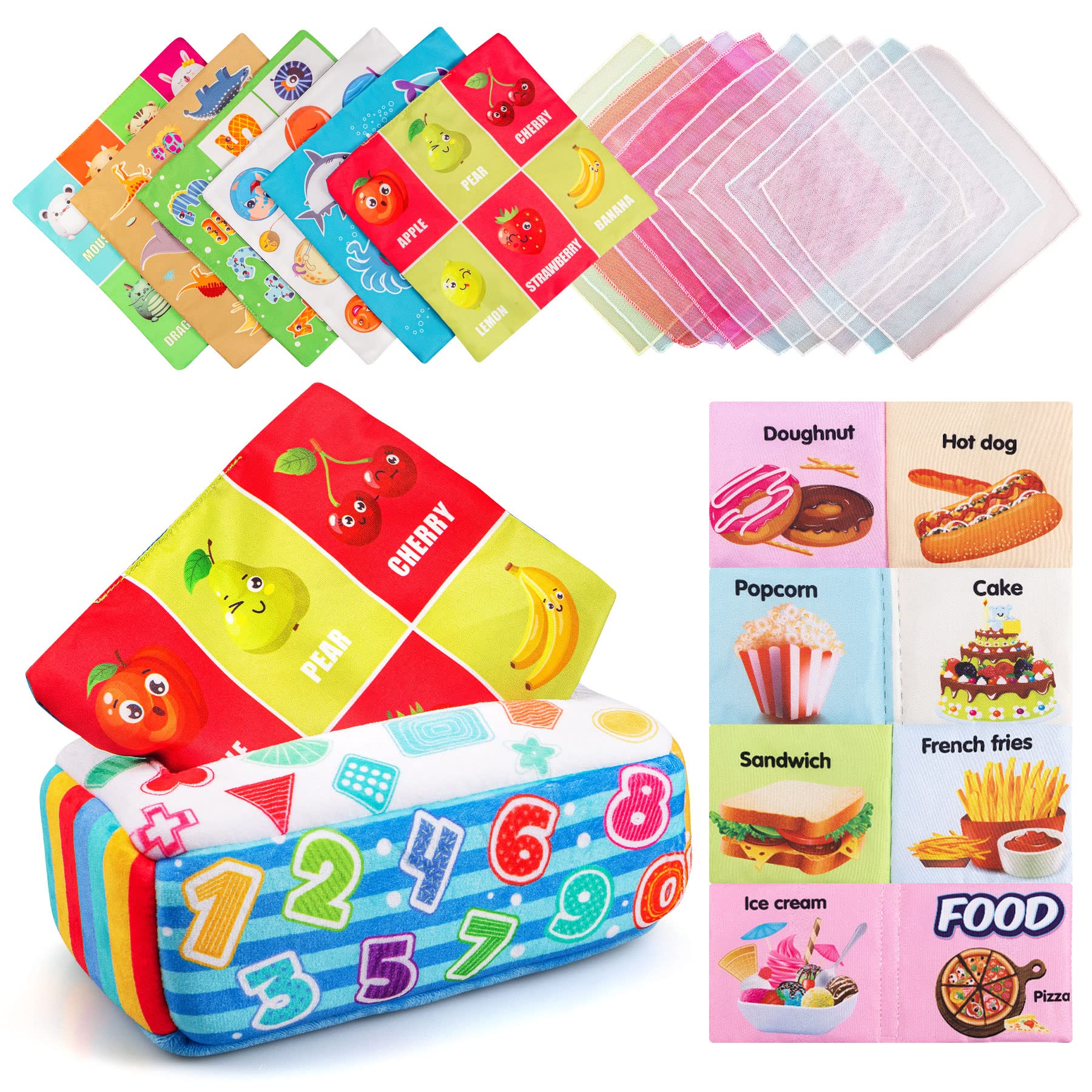 My First Baby Tissue Box Toy Montessori Toys for Babies 6-12 Months Infant Newborn Toddlers Sensory Toys Colorful Soft Scarf Box for 3 6 9 12 Months Baby Gifts + Free Baby Bath Books