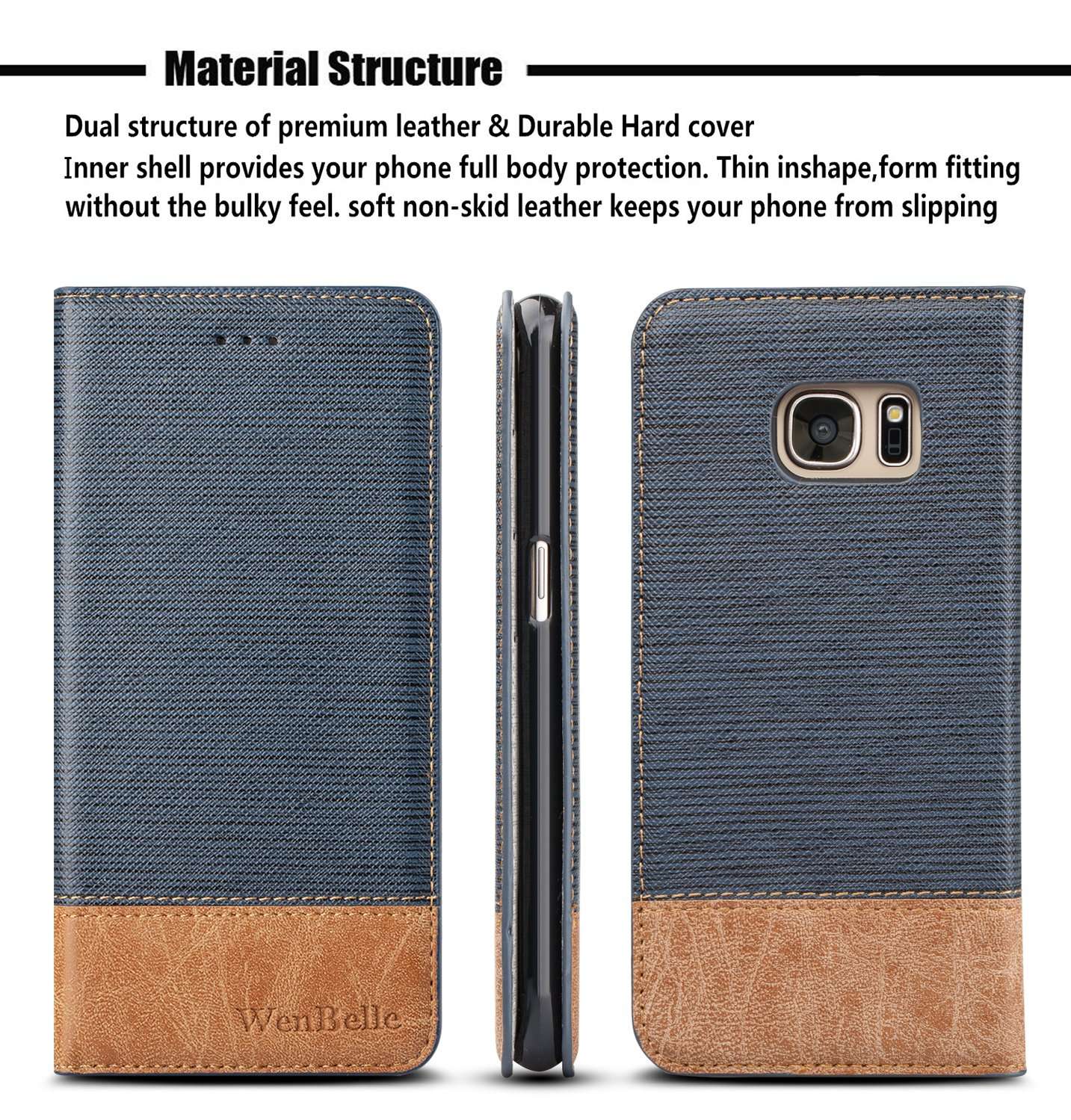 WenBelle for Galaxy S7 Wallet Case, Stand Feature,Double Layer Shock Absorbing PU Color Matching Leather Wallet Cover Flip Cases for Samsung Galaxy S7 5.1 inch(Blue) 3