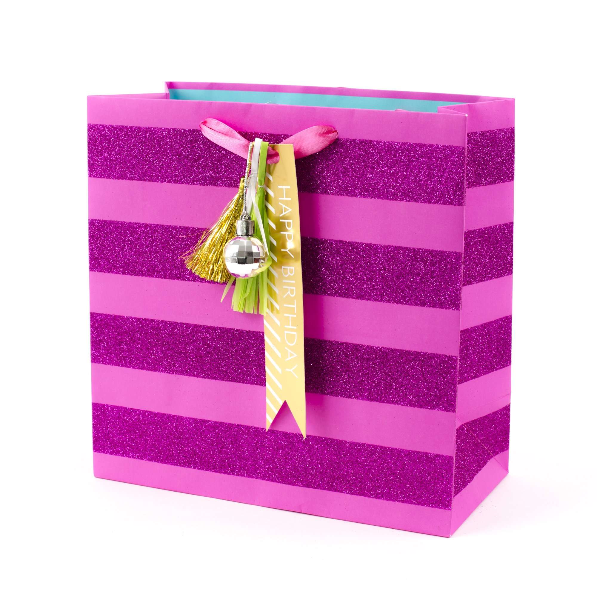 Hallmark Signature Birthday Gift Bag, Large, Pink Glitter Stripe with Gold Tassel