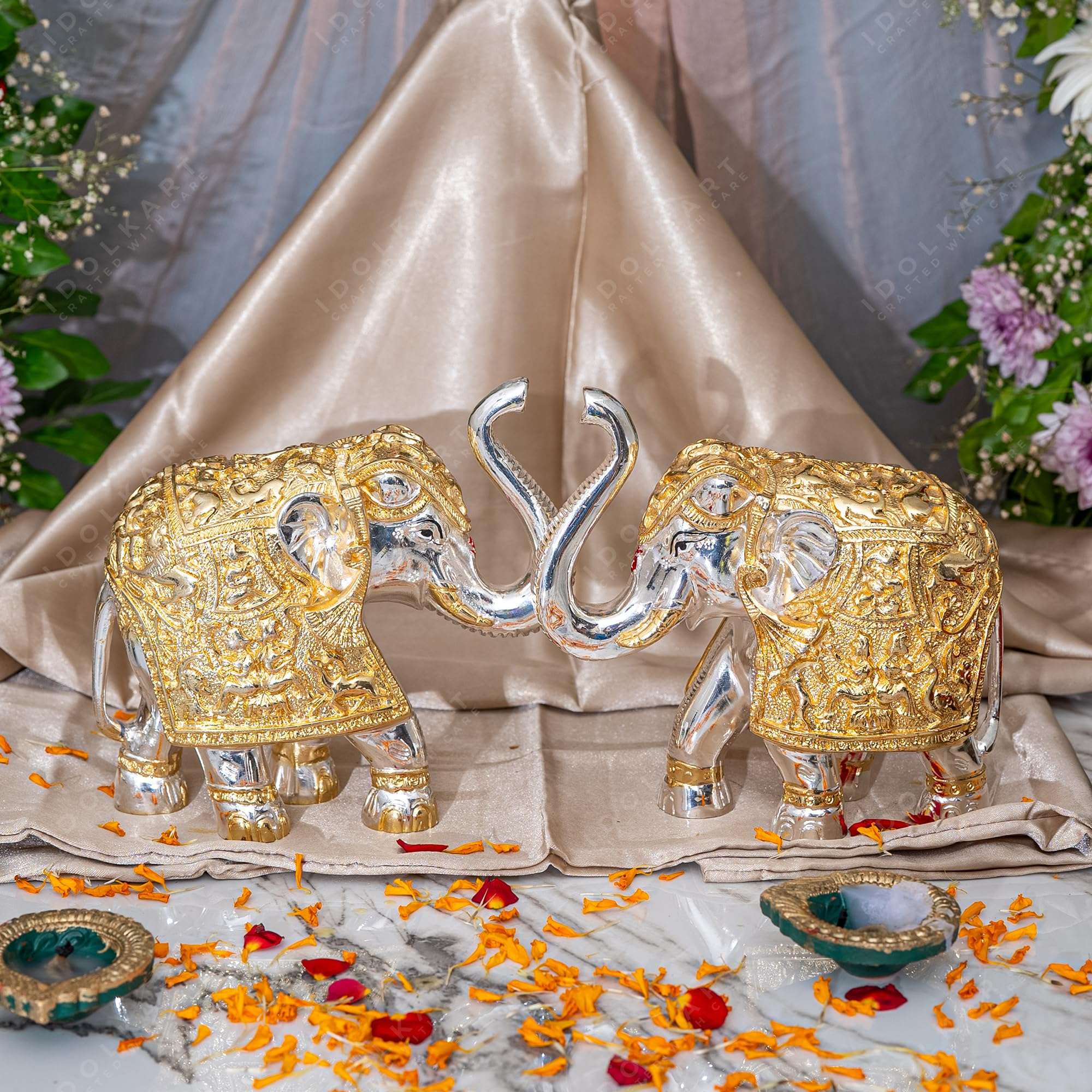 Idolkart Pure Gold & Silver Coated Elephant Showpiece - Elephant Decorative Items for Home - Elephant Statue for Good Luck, Pooja - Two Vastu Elephants - 3 inch (Set of 2 Elephants), Vastu Idols 4