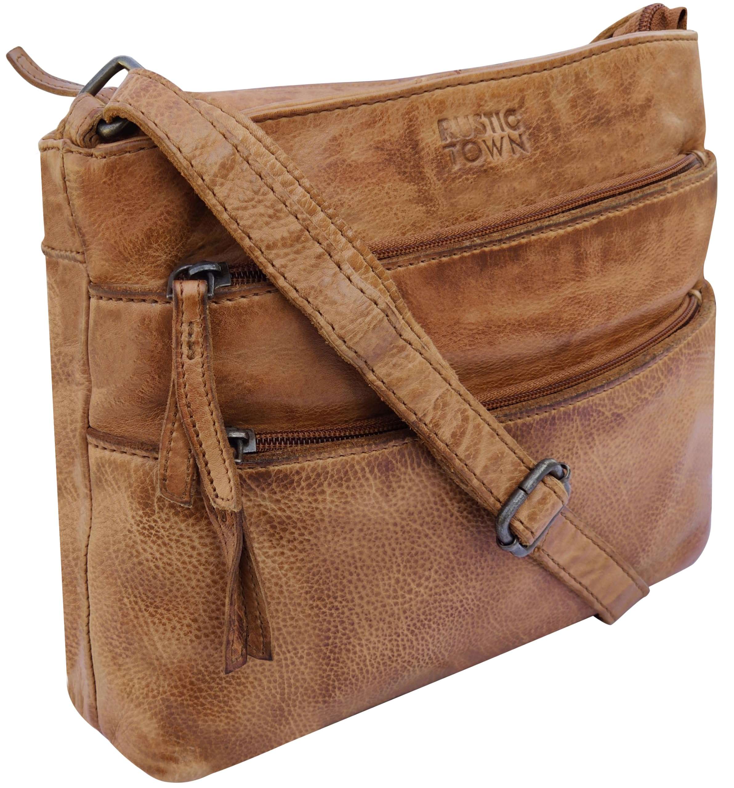 RUSTIC TOWN Leather Crossbody Bag for Women - Washed Leather Travel Sling Purse Hobo Handbags for Girls, Cognac 1