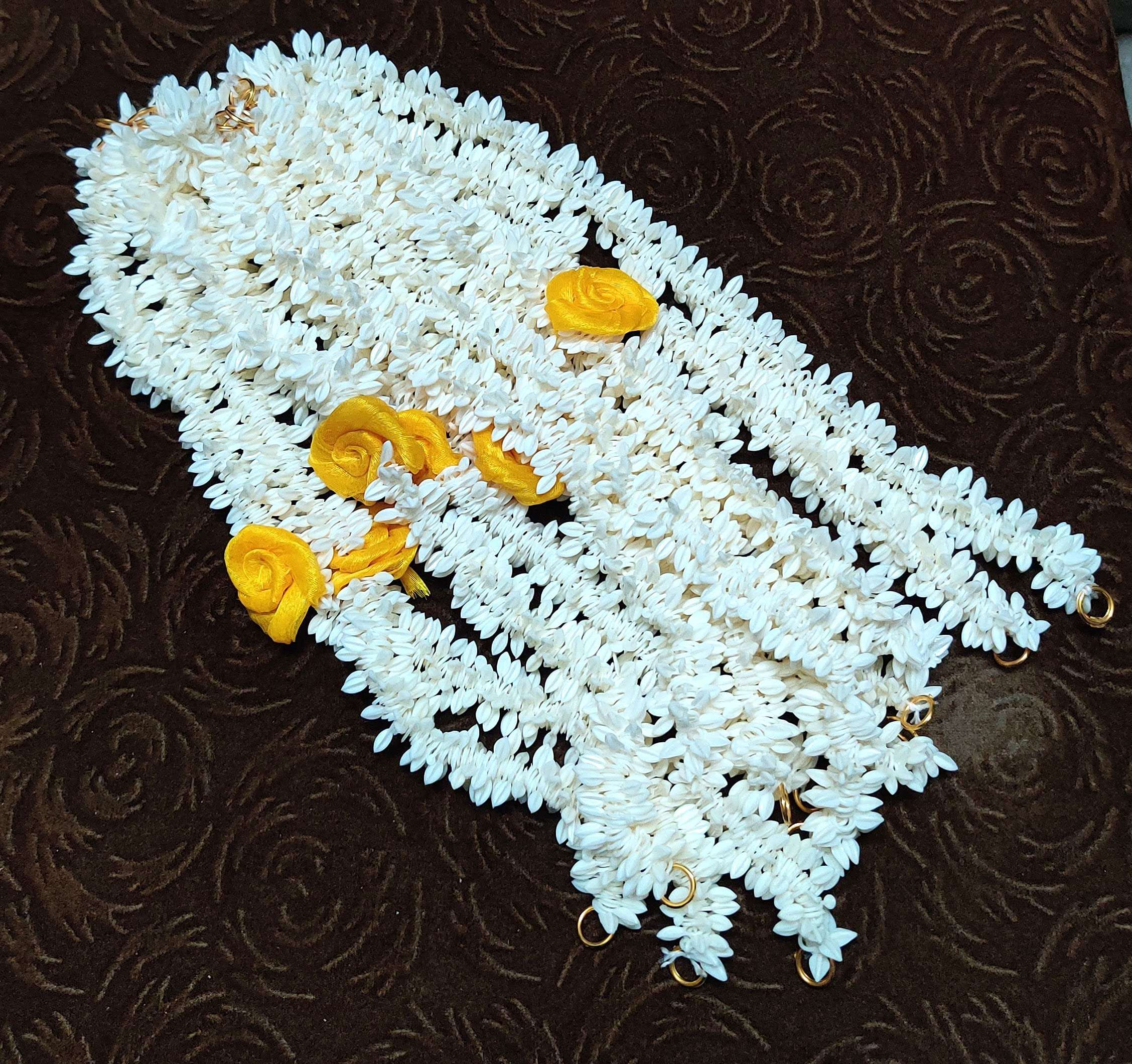 Pretty Charming Gajra/Jasmine Garland Mala with Real Jasmine fragrance for women, used as hair accessories set of 12, 6 yellow flower and 6 white, with a surprise freebie 5