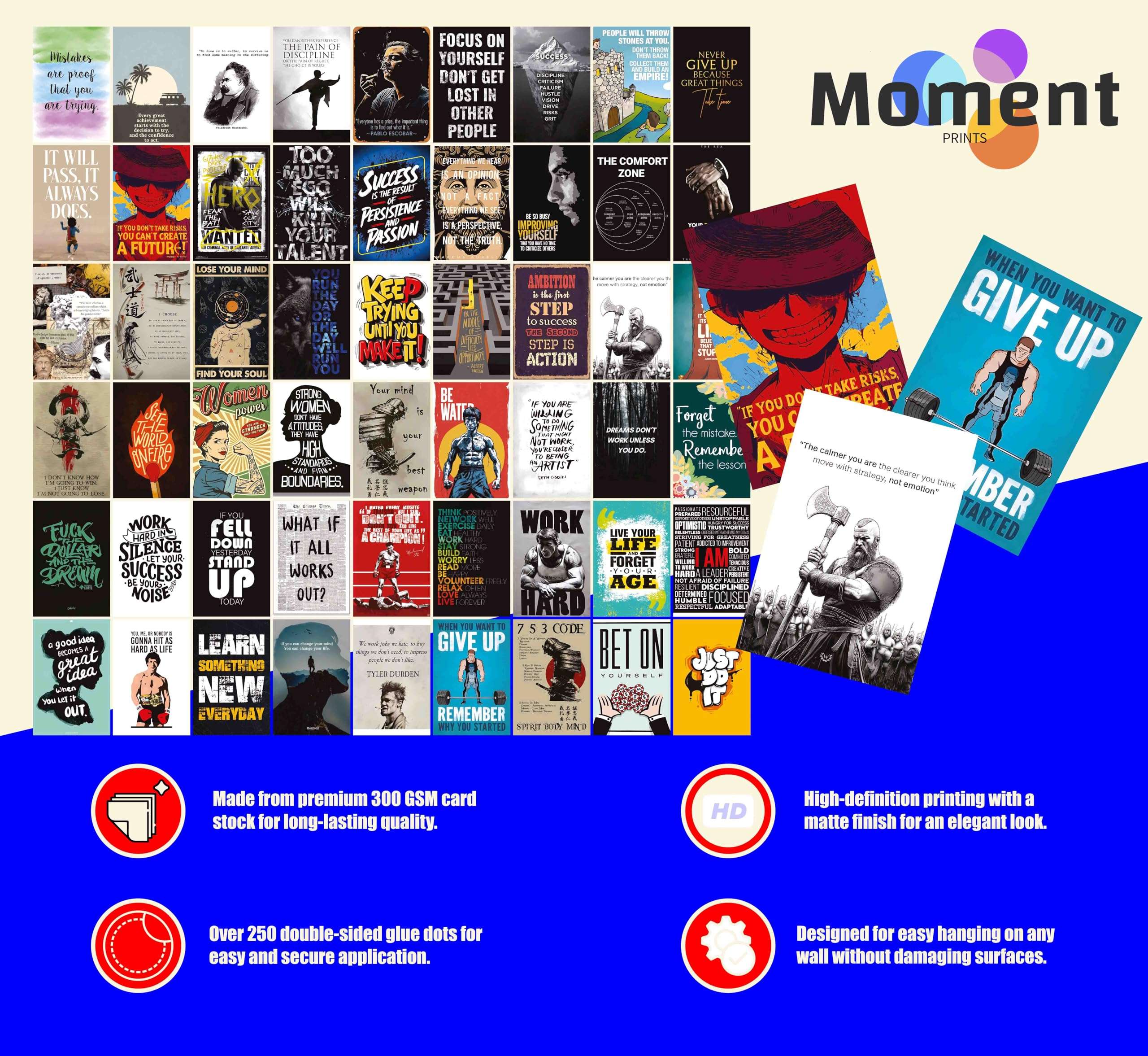 Moment Prints Set of 54 Motivational Inspirational Wall Collage Kit Posters - 4x6 Inches, Matte Finish, Double-Side Tape, Cardstock Included - Perfect for Office, Gym, Study Room Decoration 6