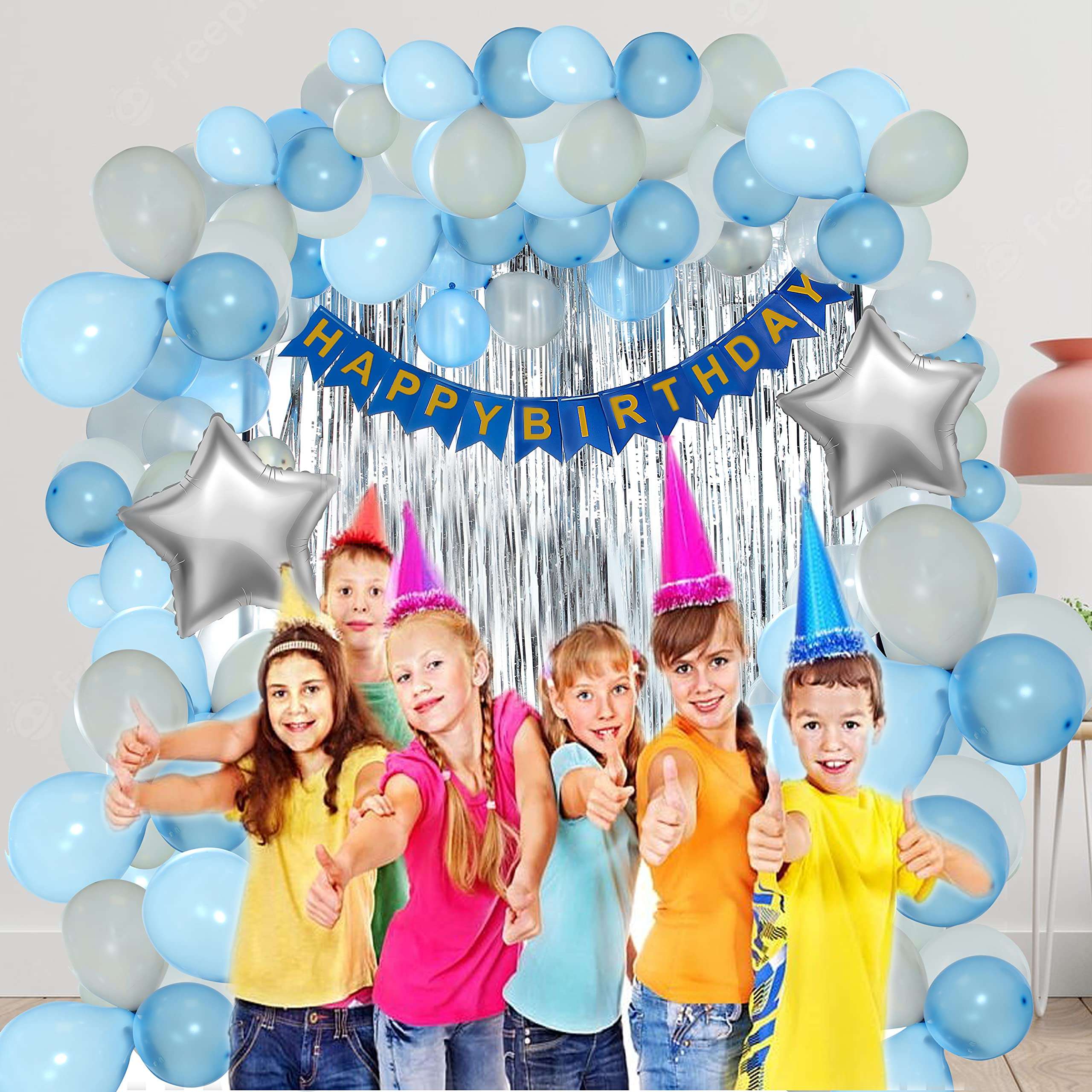 Wing Birthday Combo of 68 Pieces with Blue with Silver and White Balloons, Decoration Items Kit Combo Set Including 10 Piece Set of Blowouts 6