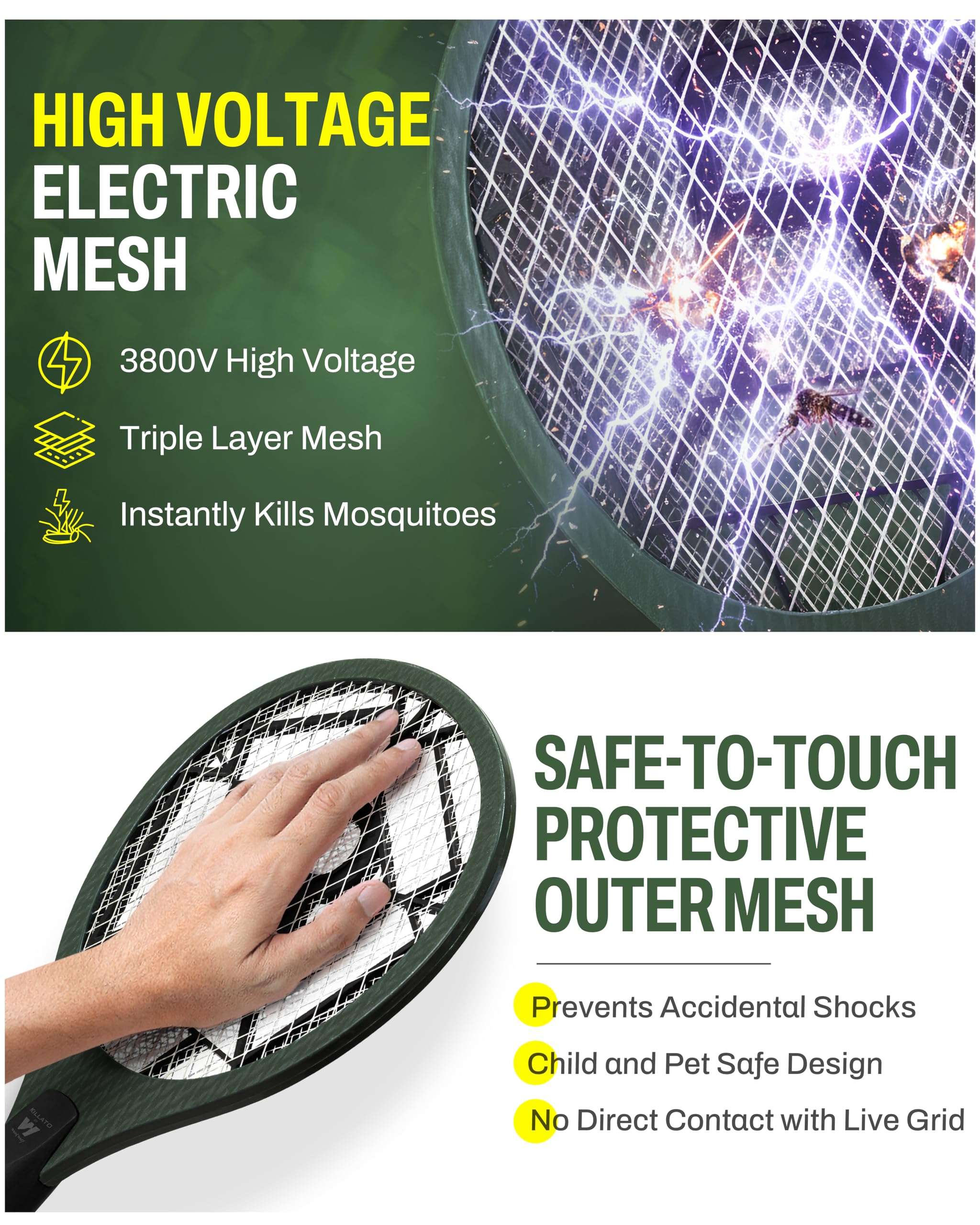 Weird Wolf Heavy Duty Mosquito Bat | Rechargeable Electric Fly Swatter with Inbuilt 2-Pin Plug | High Voltage Mosquito Killer Racket | ABS Body | 3 Months Warranty (Dark Green) 4