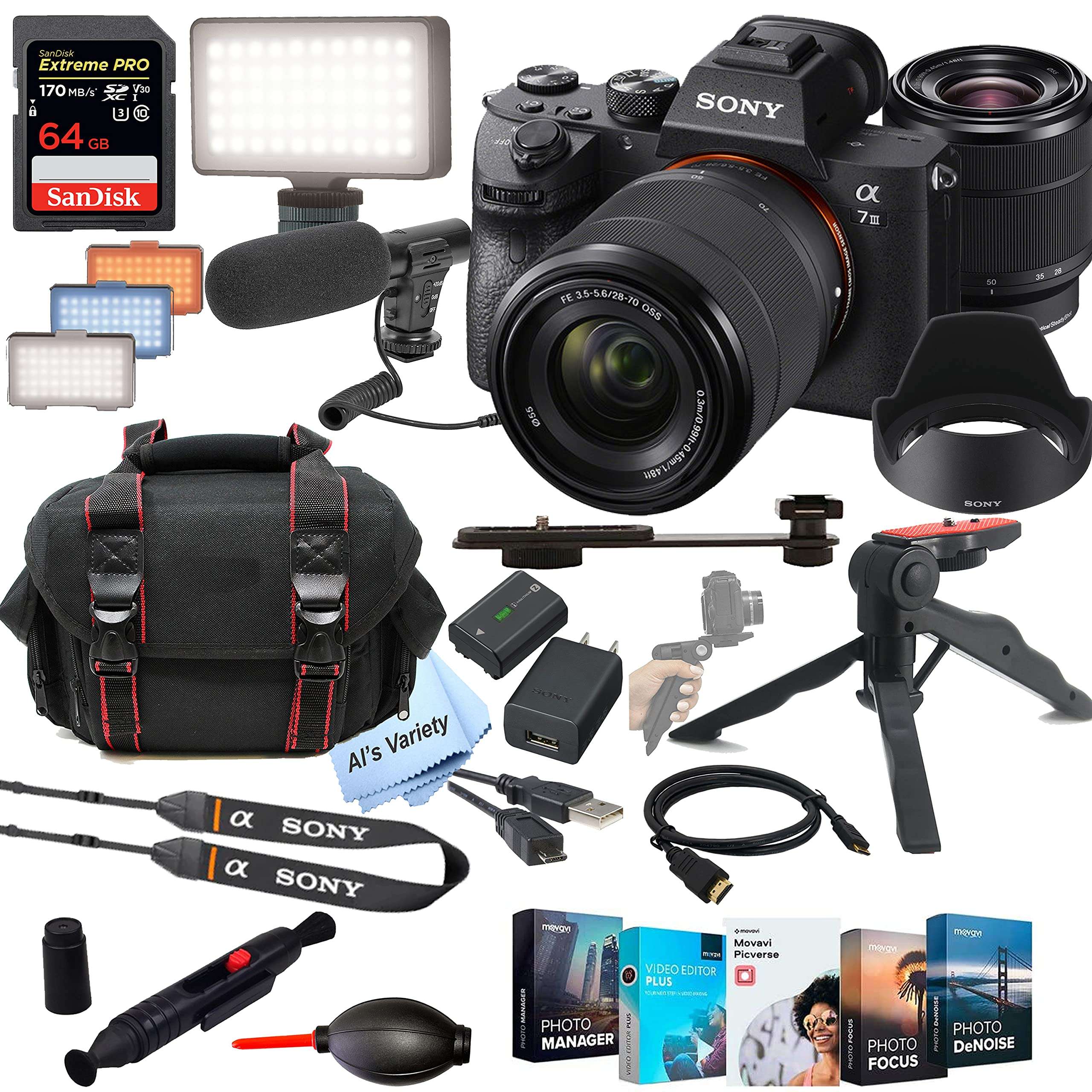 Sony Alpha a7 III Mirrorless Digital Camera with 28-70mm Lens + Shot-Gun Microphone + LED Always on Light+ 64GB Extreme Speed Card, Gripod, Case, and More (26pc Video Bundle)