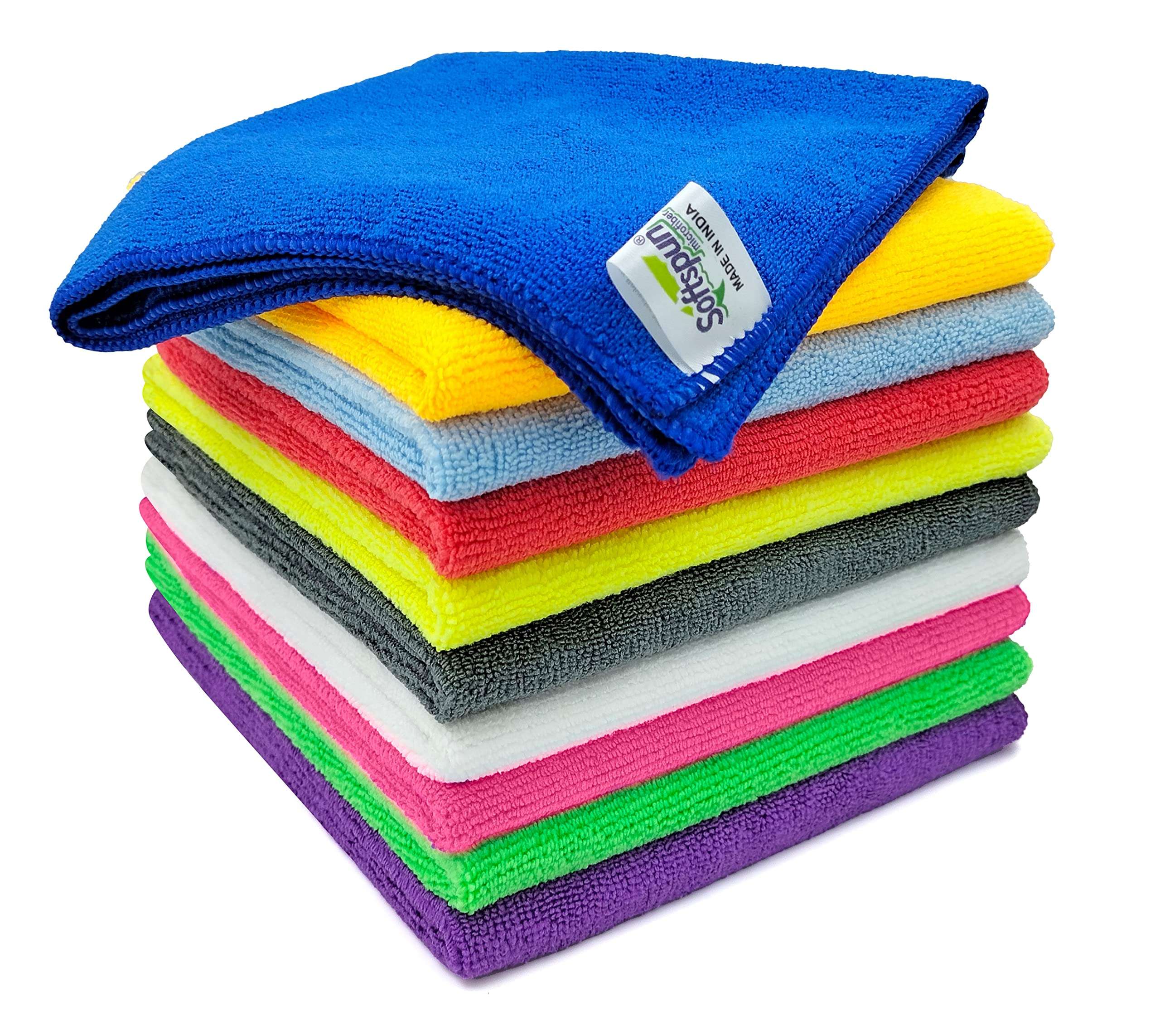 SOFTSPUN Microfiber Cloth - 10 pcs 40x40 cms 340 GSM Multi-Color! - Thick Lint & Streak Free Multipurpose Cloths - Automotive Microfibre Towels for Car Bike Cleaning Polishing Washing & Detailing