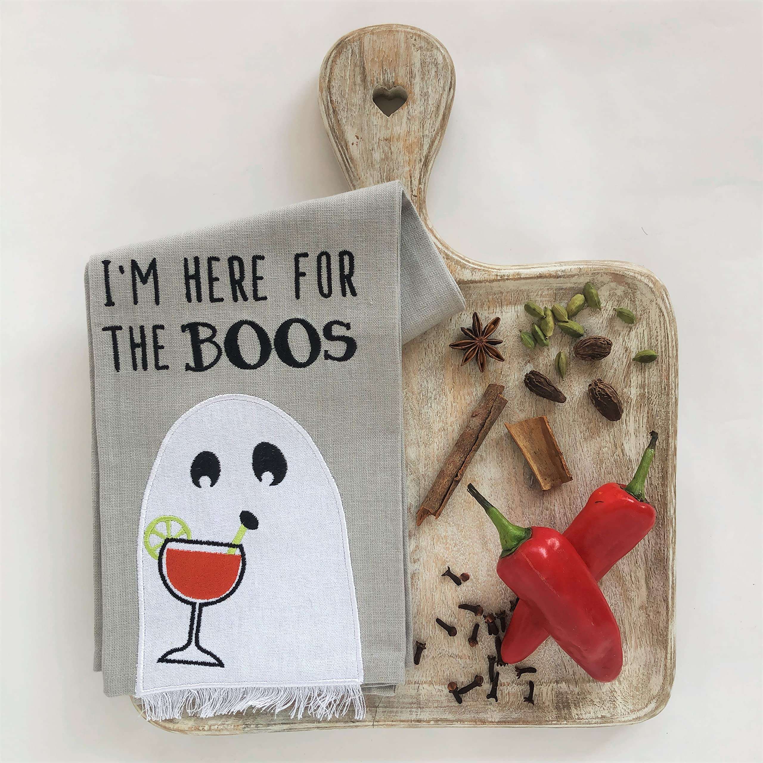 Rakaabi™ Grey with White Thumb Face Print and Cocktail Glass, Drink Quote Embroidery, multi-utility Dish Towel for Modern Kitchen, Dining, Café, Office, Wrap, Gift. Designer Export Quality. 28x18 inch