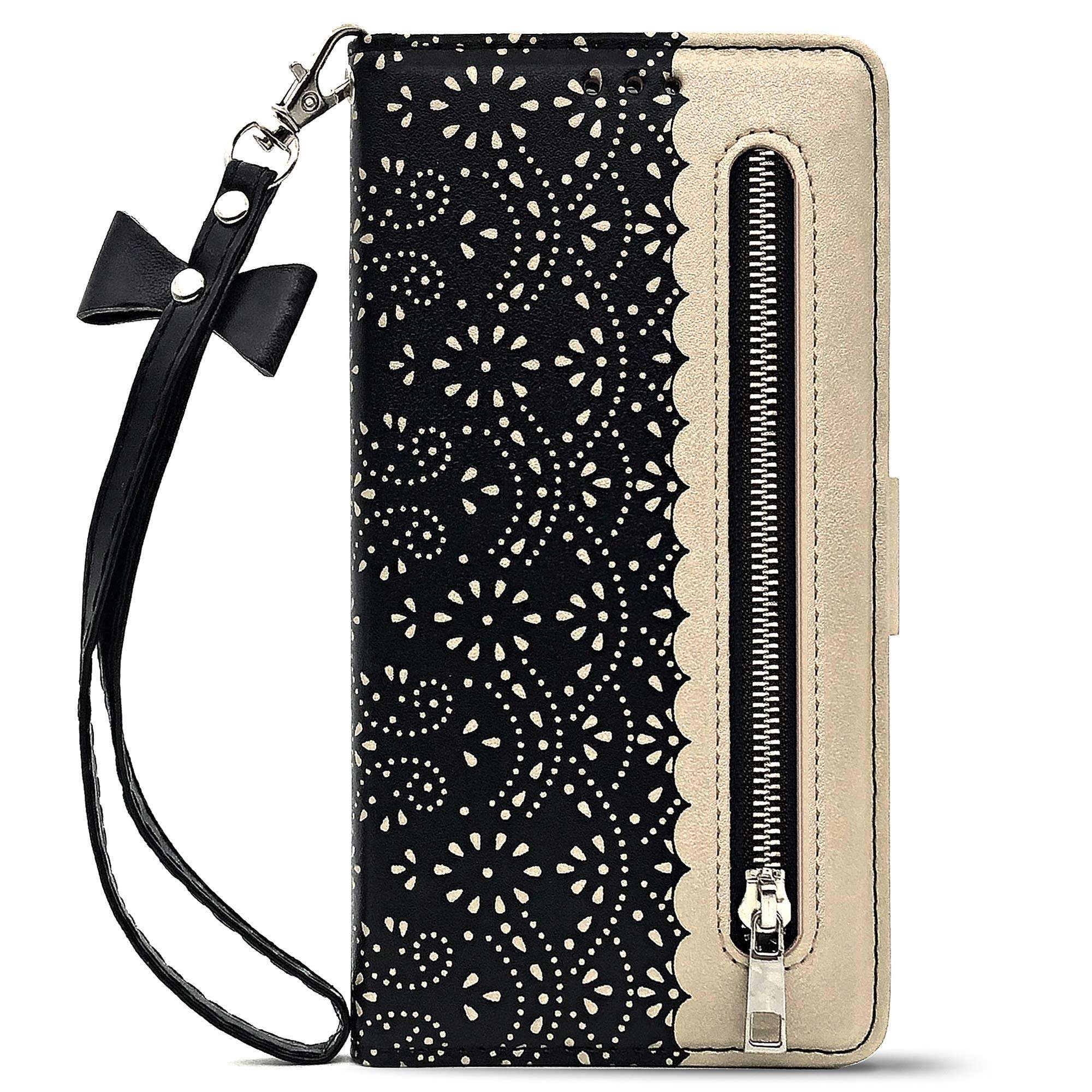 Luxury Flip Wallet Case for Samsung Galaxy A51 Printed Lace Folio Wristlet Lanyard Card Slot Kickstand Feature with Girl Women Cover for SamsungA51 (Galaxy A51 4G, Black) 1