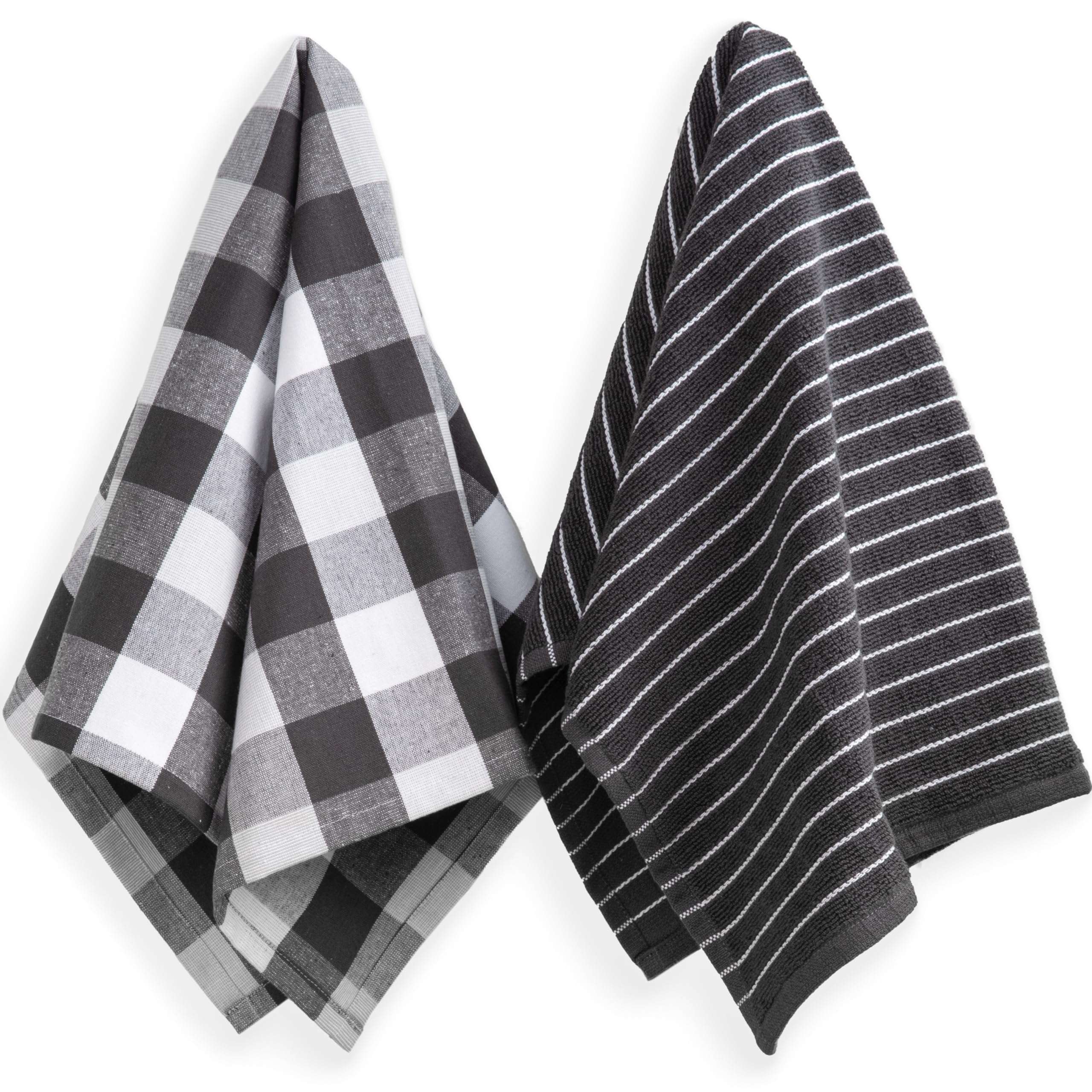 Sticky Toffee Gray Kitchen Towels 2 Pack, 100% Cotton Gray Dish Towels, Hand Towels, Tea Towels, Terry and Plaid Flat Weave Dish Towels for Drying Dishes, 28 in x 16 in 1