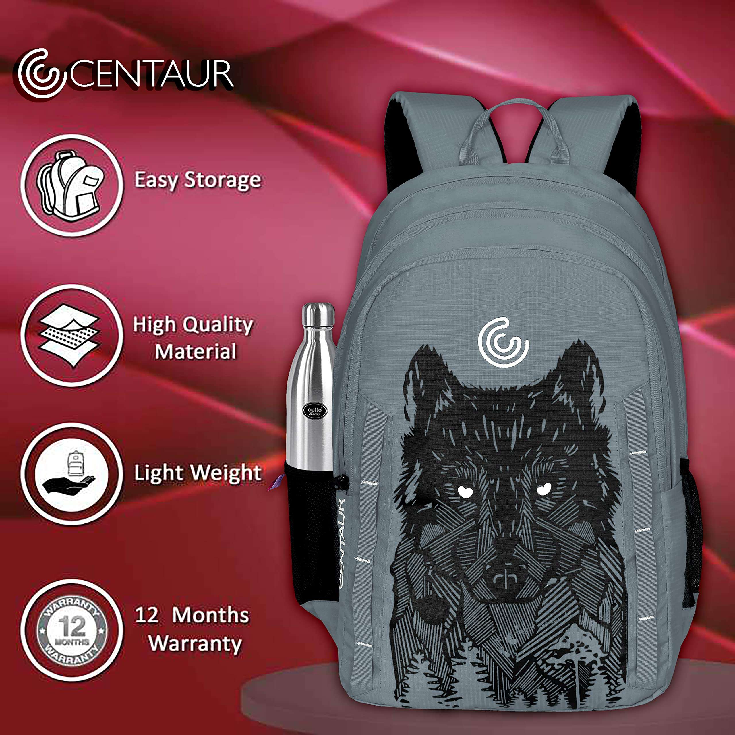 centaur | 38 Litre | Wolf Print Casual Backpack | With Sling Bag | Office Bag | School Bag | College Bag | Business Travel Bag | Unisex Anti-theft | Water Resistant | Lightweight 5