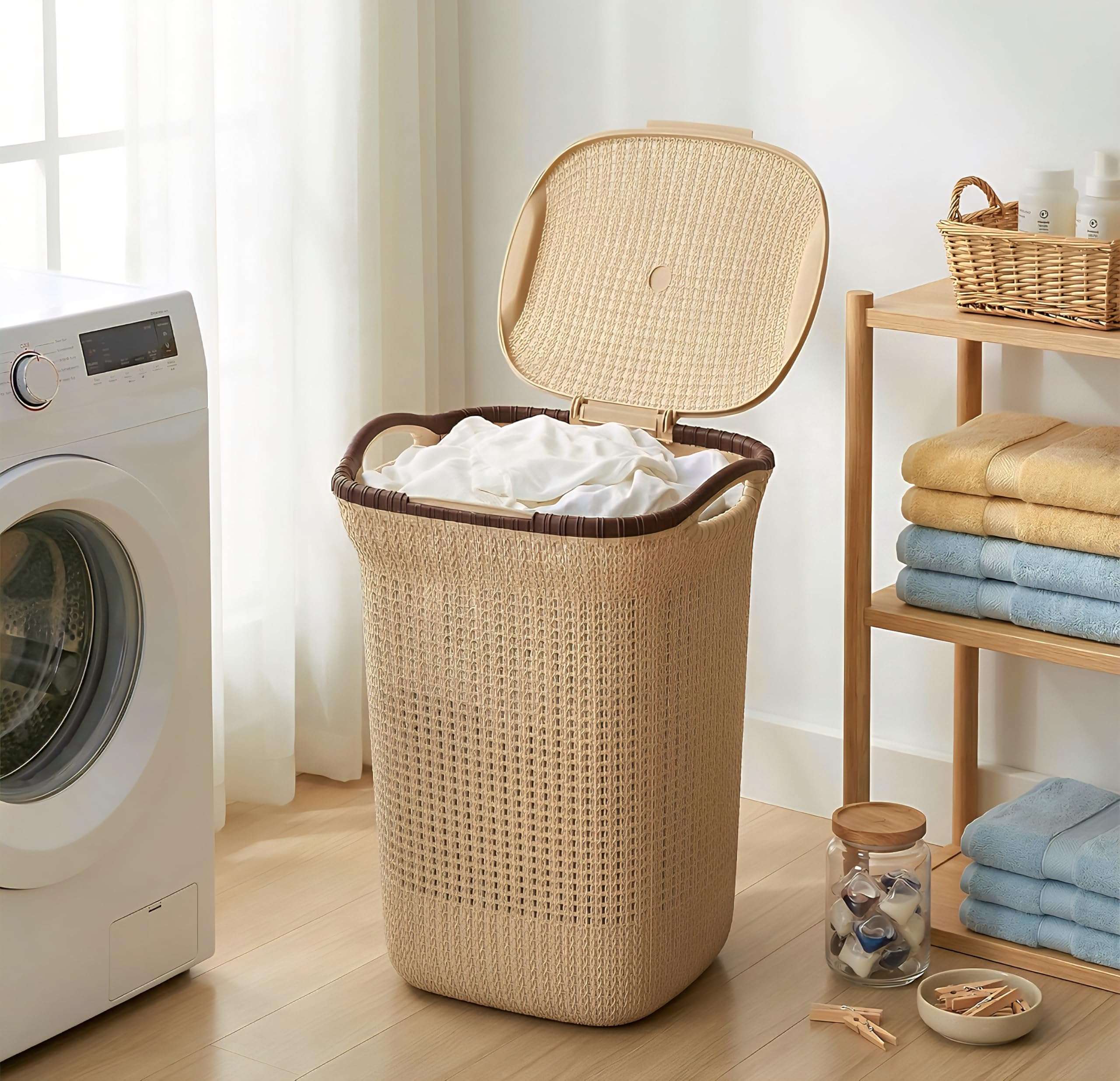 PrettyKrafts 60L Plastic Laundry Basket with Lid | Large Clothes Laundry Basket & Storage Bin | Toy Storage Basket | Multipurpose Storage Organiser | 61x45x35cm | Beige