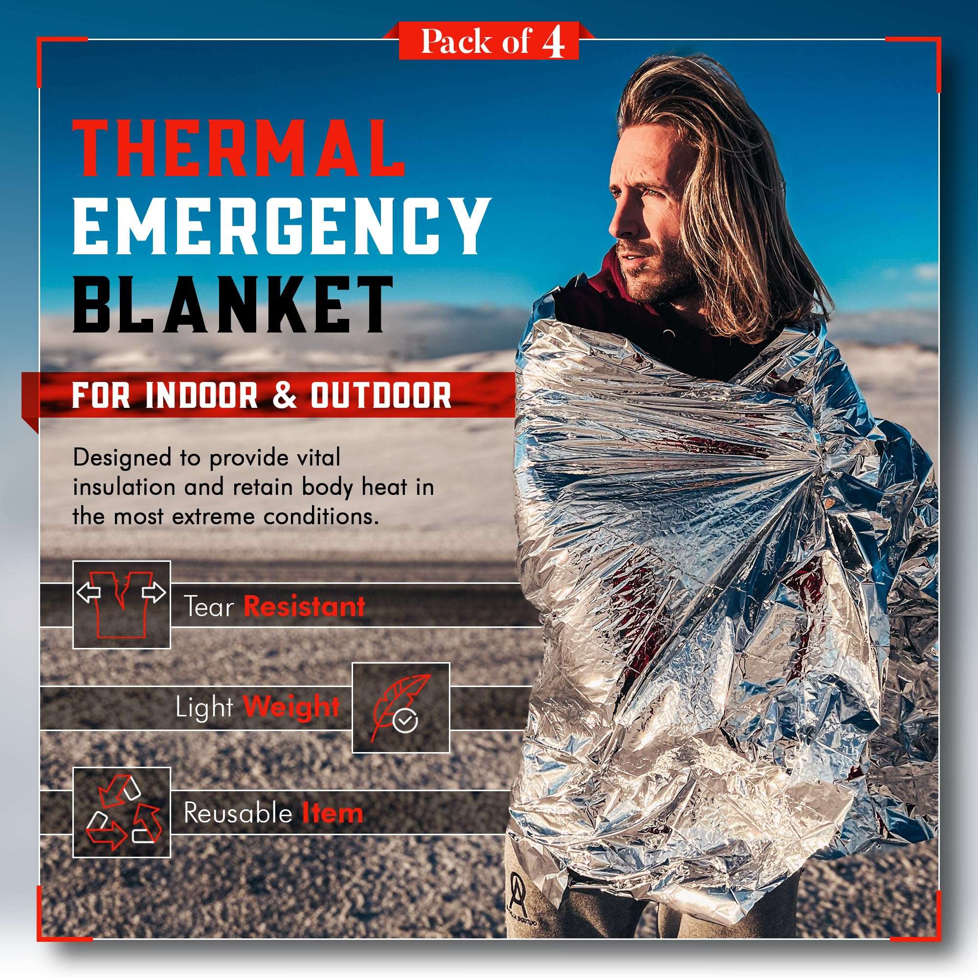 Mart Cobra Emergency Blanket 4-Pack Space Mylar Blankets Survival Gear and Supplies Reusable Thermal Camping Essentials First Aid Car Emergency Kit Prepper Bug Out Bag Foil Warm Cat Cold Snow Winter 2
