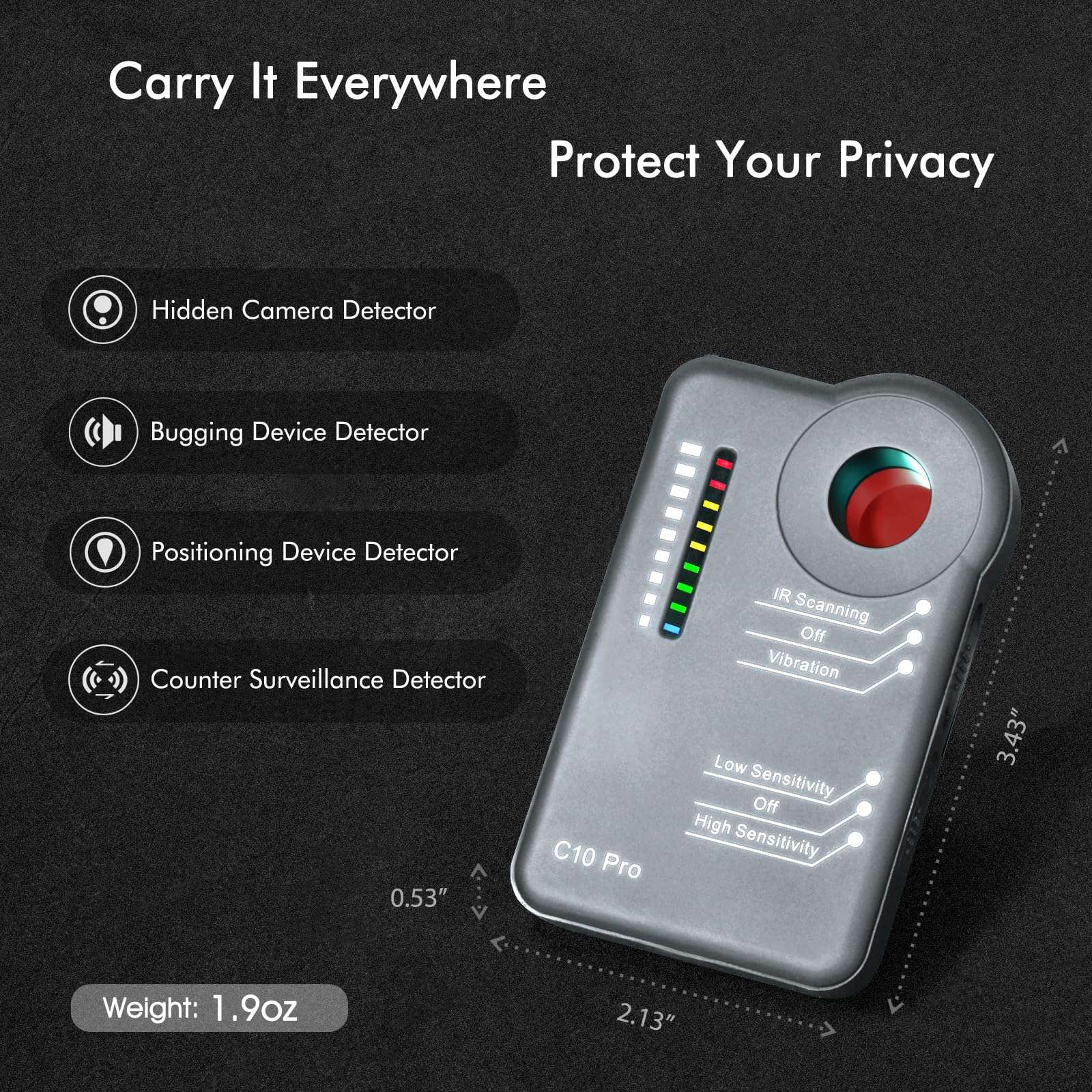 Apantimx 2025 Upgraded Camera Detector Professional Bug RF Detector Hidden Camera Finder Anti Spy Sweeper Portable GPS Tracker Listening Device Signal Scanner for Home Office Car Travel Hotel (Gray) 4