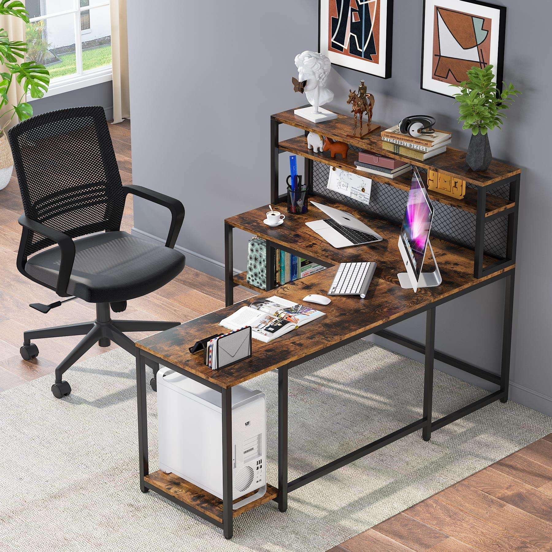 Tribesigns 67" L-Shaped Desk with Hutch, Industrial Computer Corner Desk with Storage Shelves, Large Study Writing Table Workstation for Home Office, Rustic Brown 3