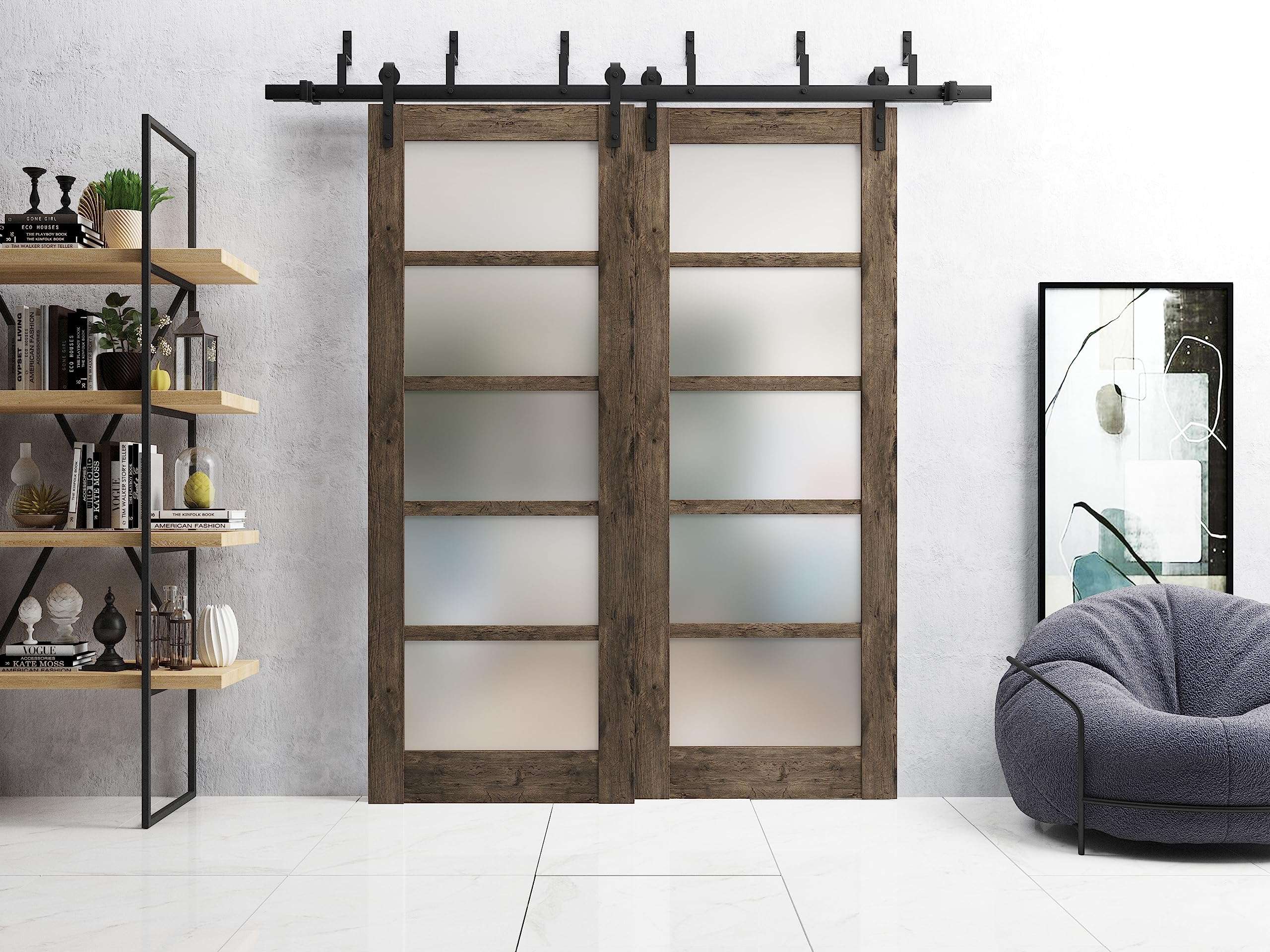 SARTODOORS Sliding Closet Barn Bypass Doors 72 x 80 inches | Quadro 4002 Cognac Oak with Frosted Glass | Sturdy 6.6ft Rails Hardware Set | Wood Solid Bedroom Wardrobe Doors 3