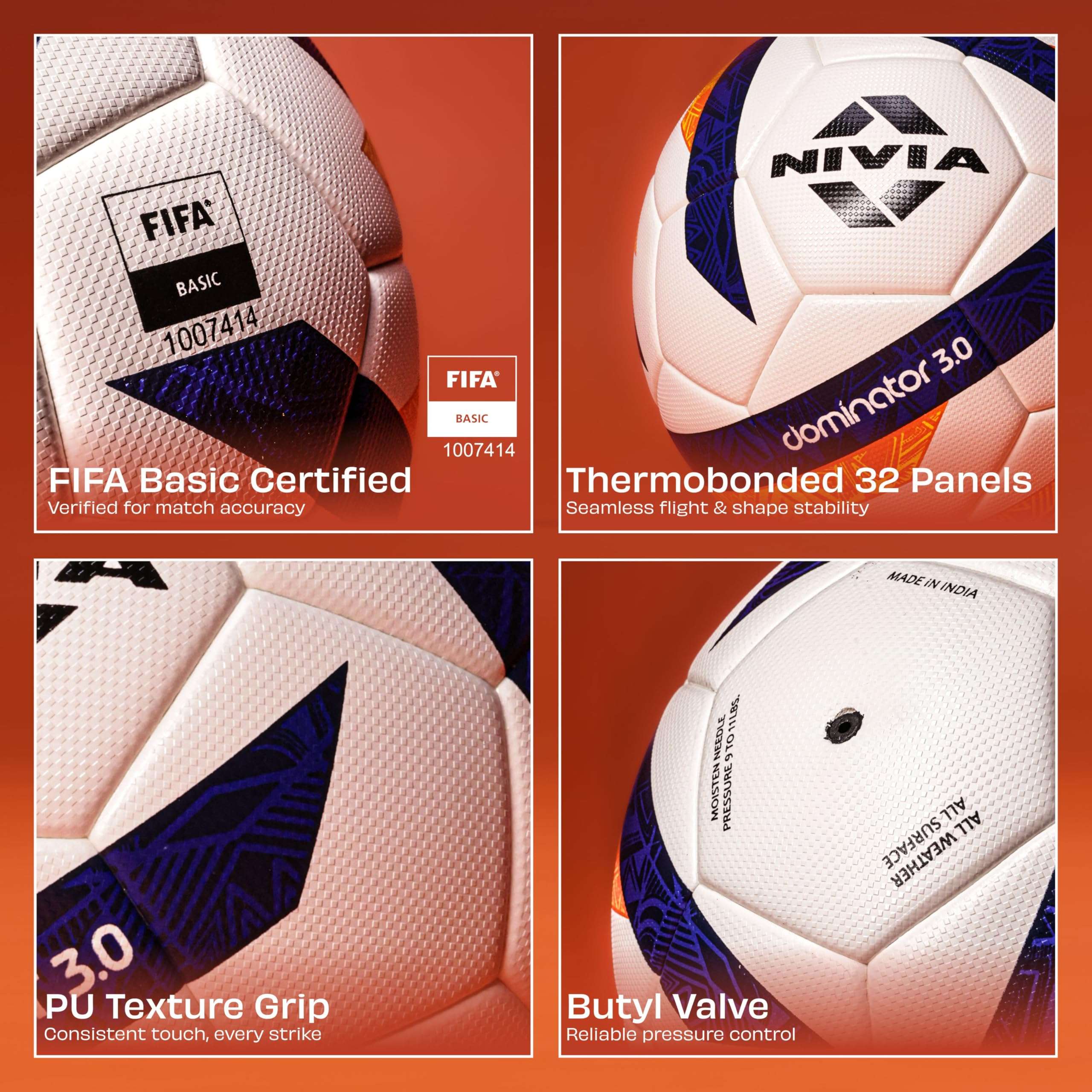 Nivia Dominator 3.0 Football, Match Ball, 32 Panels, Durable & Soft PU Leather, Butyl Fabric Wounded Bladder, FIFA Basic, to Play on Both Natural and Artificial Grass (Multicolor, Size - 5) 6