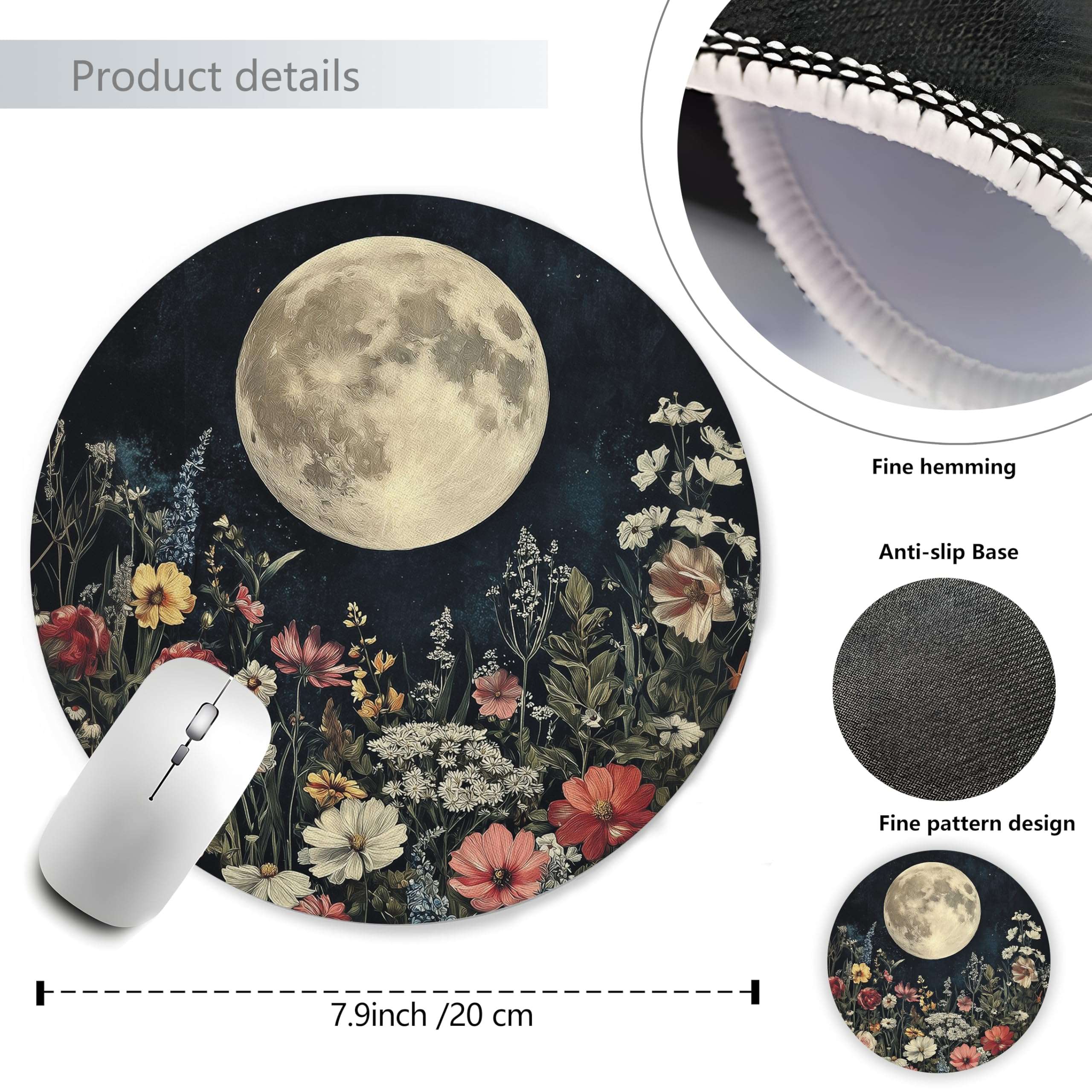 WOOGCHEIR Vintage William Morris Moon Floral Round Mousepad,Aesthetic Mouse Pad, Boho Floral Office Decor for Women Desk Accessories Retro Flowers Mousepad,Aesthetic Office Supplies,7.9x7.9 Inch 4