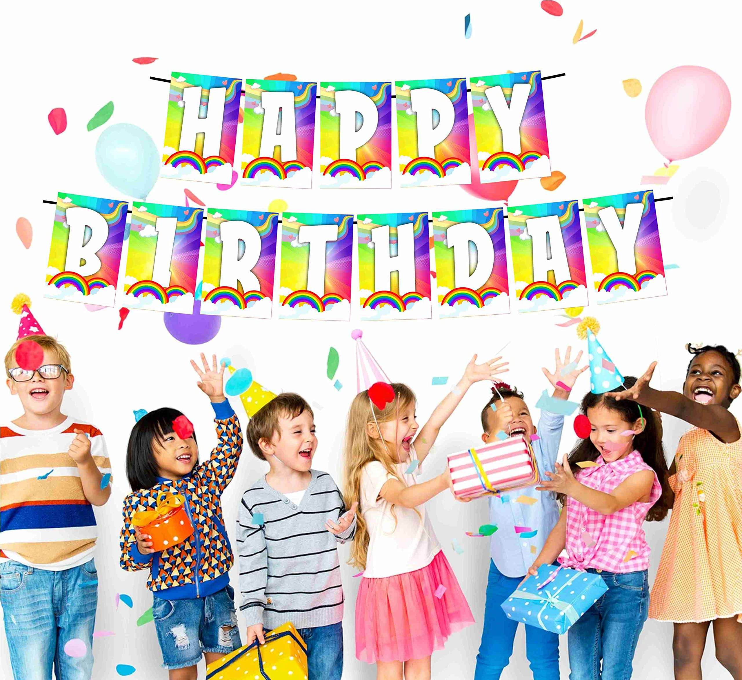 Partyzon Rainbow Theme Happy Birthday Kids Banner for Birthday Decoration Backdrop and Theme Party with Ribbon 4