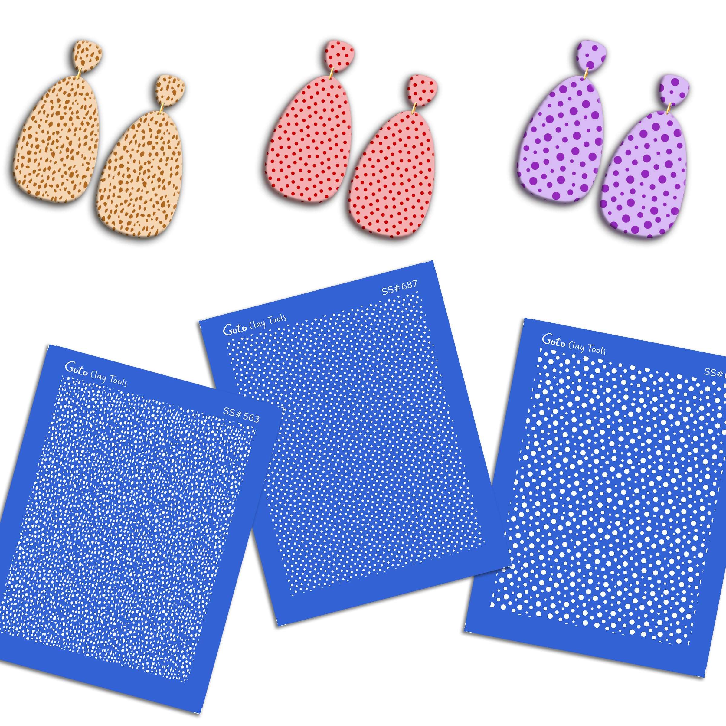 GOTO Clay Tools Multi Pattern Silk Screen Stencils for Polymer Clay, 3 PCS Polka dots Pattern Silkscreen for Polymer Clay Earring Making, Reusable Silk Screen Stencils SSCMB-5 4
