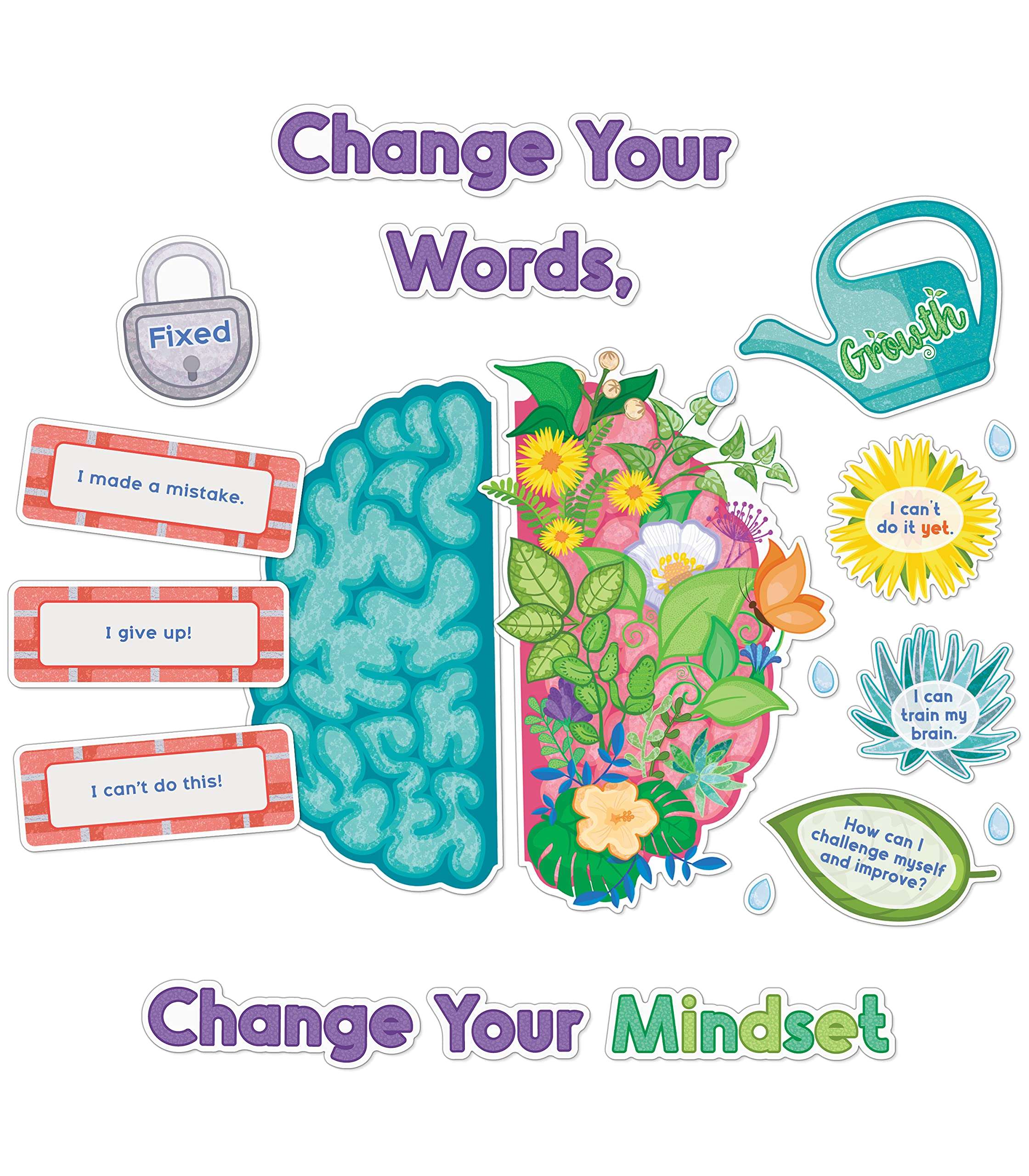 Carson Dellosa 47 pc Bloom With a Growth Mindset Bulletin Board Set, Motivational Poster, Plant Cutouts, 2-Piece Brain With Affirmation Cards, Calm Down Corner Supplies and Classroom Decor