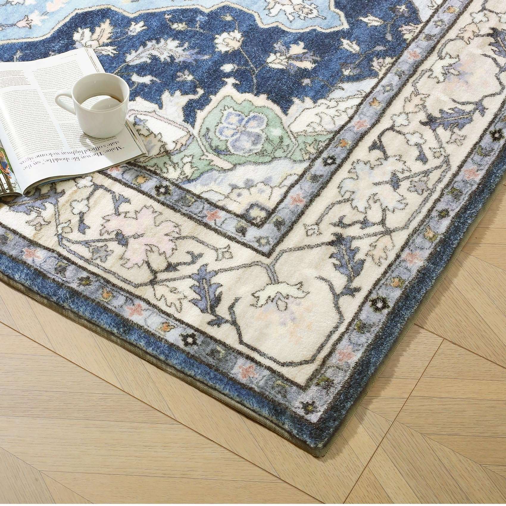 ROCYJULIN 5x7 Area Rugs for Living Room, Washable Rugs 5x7 for Bedroom, Modern Medium-Pile Area Rugs Carpet with Non Slip Rubber Backing, Super Soft 1000GSM 5x7 Rug, Non-Shedding, Cream & Blue 6