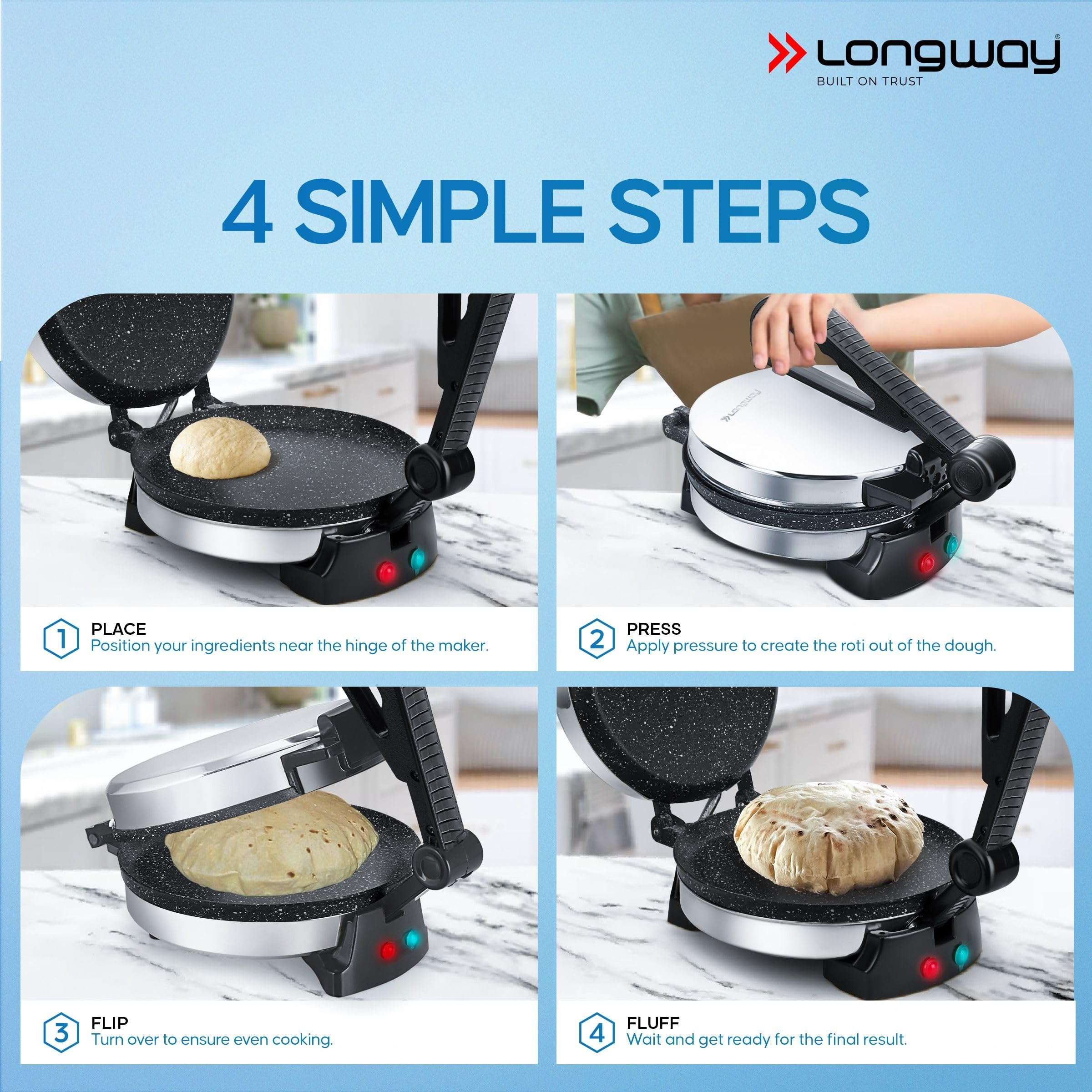 Longway Automatic Electric Roti Maker | Non-Stick Stainless Steel Press for Roti, Chapati & Parathas Multipurpose | 1 Year Warranty (1000 W, Silver) 6