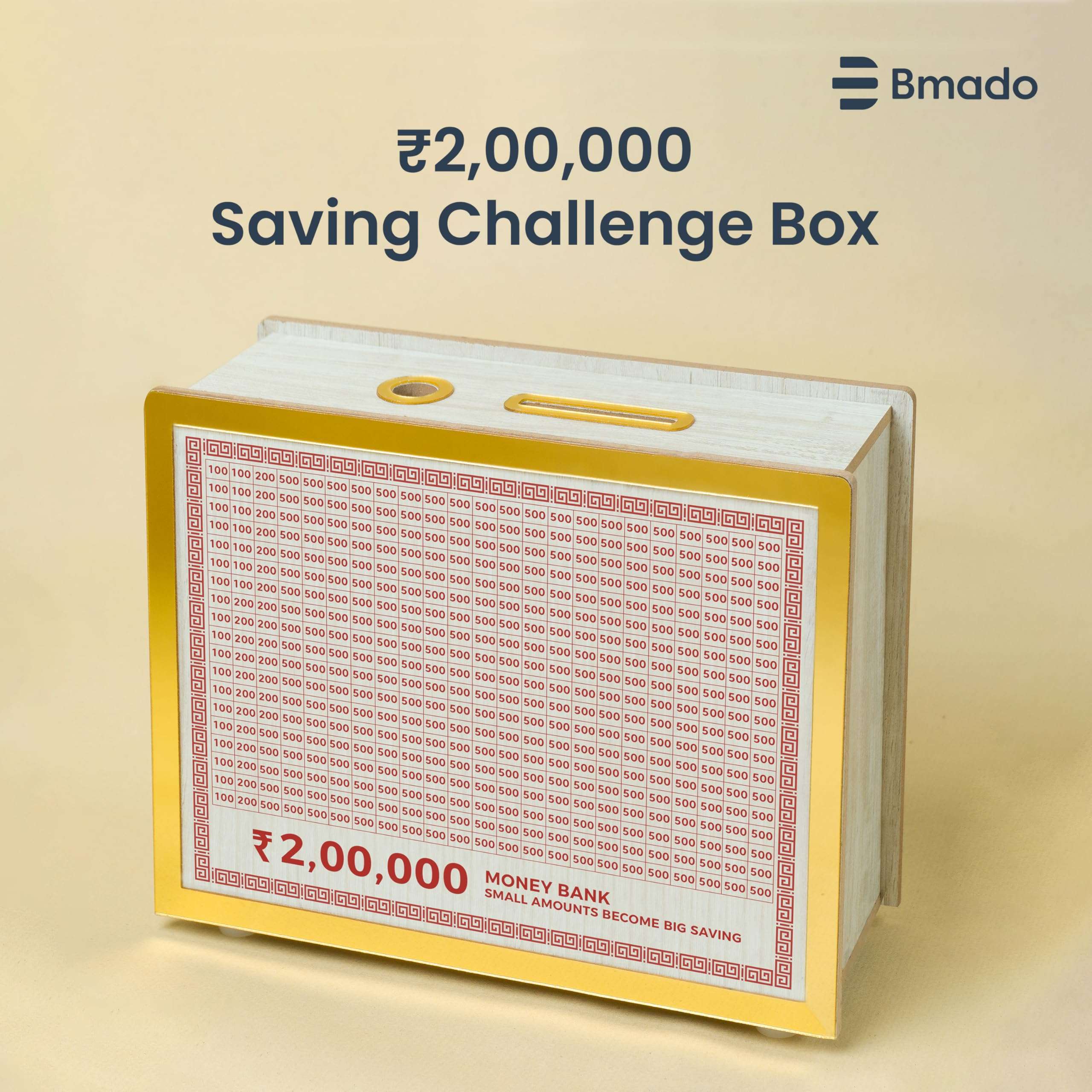 Bmado Wooden Money Bank | Laminated Secure Saver Box | Secure Your Money from Mold | Writable with Any Pen | 2 Lakh Savings Piggy Bank for Kids & Adults 6