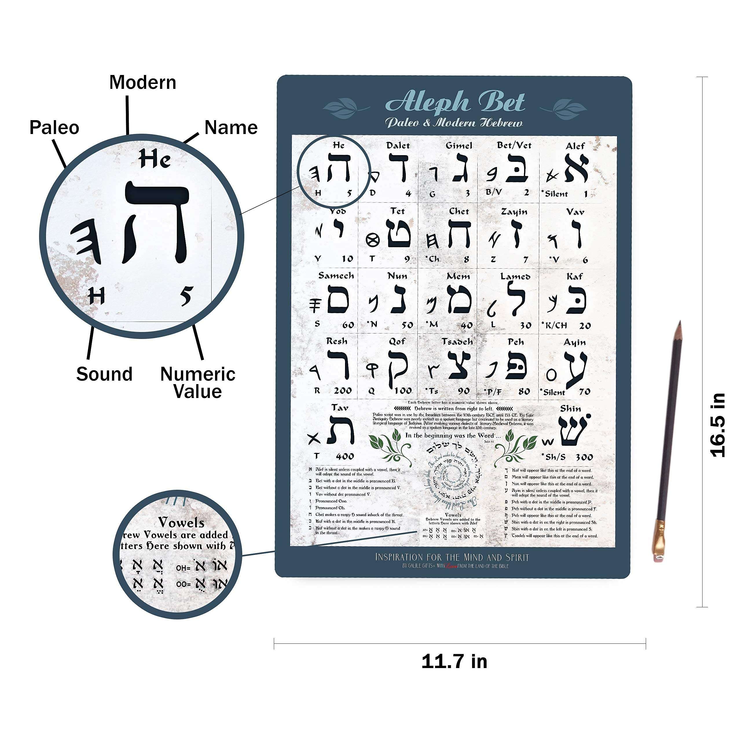 Biblical & Modern Hebrew Alphabet Poster UV Protected Sheet (A3 11.7x16.5in) Ancient Paleo Hebrew Alef Bet Learning Chart, Vowel Explanation for Basic Reading Skills, Hebrew Study Guide, Aleph Bet 2