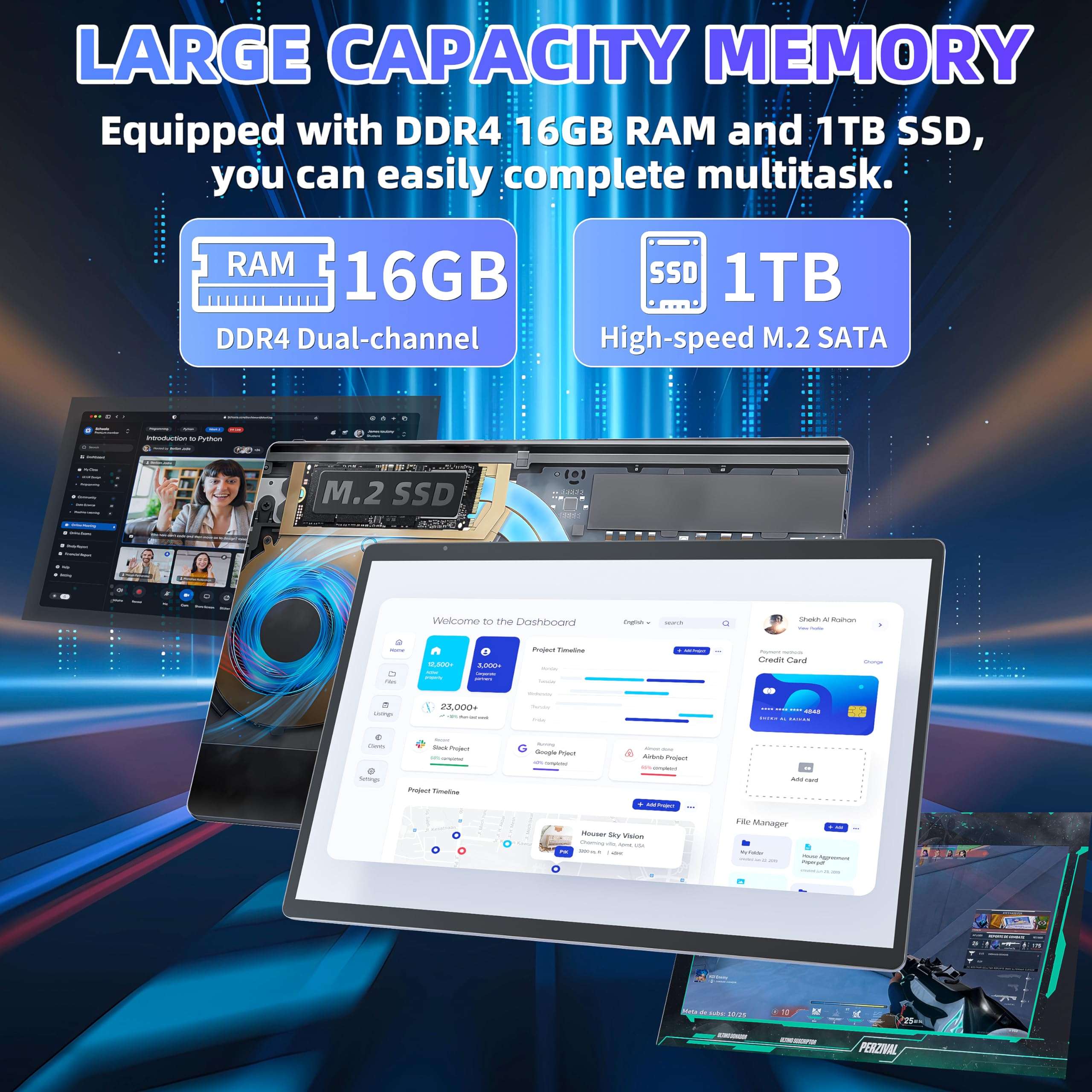 Rumtuk 2-in-1 Laptop Convertible Tablet with Win 11/Office 2019, 14'' 2.2K Touchscreen, Magnetic Suspension Keyboard, 12th Alder Lake-N95, 16GB RAM, 1TB SSD, Webcam, Cooling Fan, Type-C (16G+1T) 5