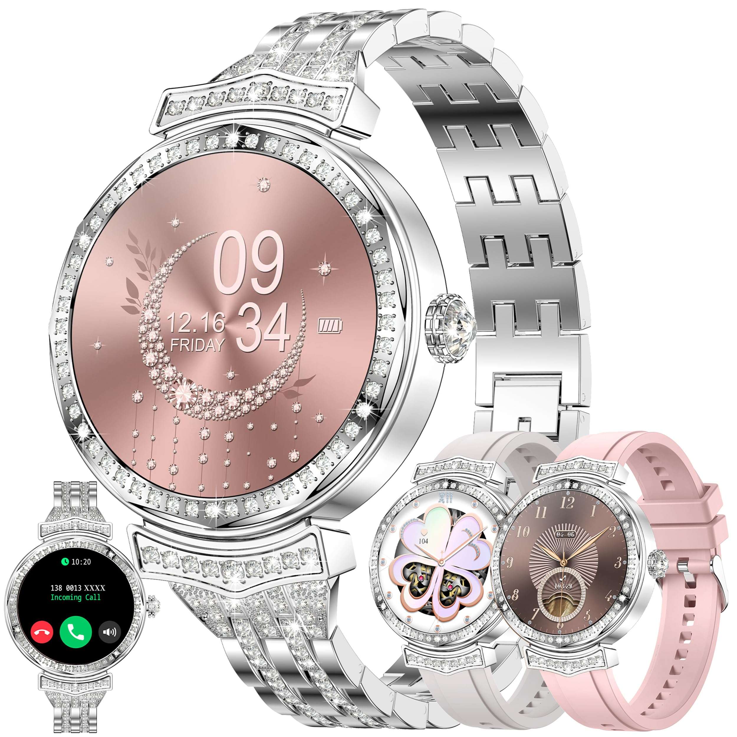 1.32" AMOLED Smart Watch for Women(Make/Answer Call), 2024 New 5ATM Waterproof Womens Smartwatches, Fitness Tracker Smartwatch for Android iPhones, Digital Watches Step Counter, 3 Straps (Silver)