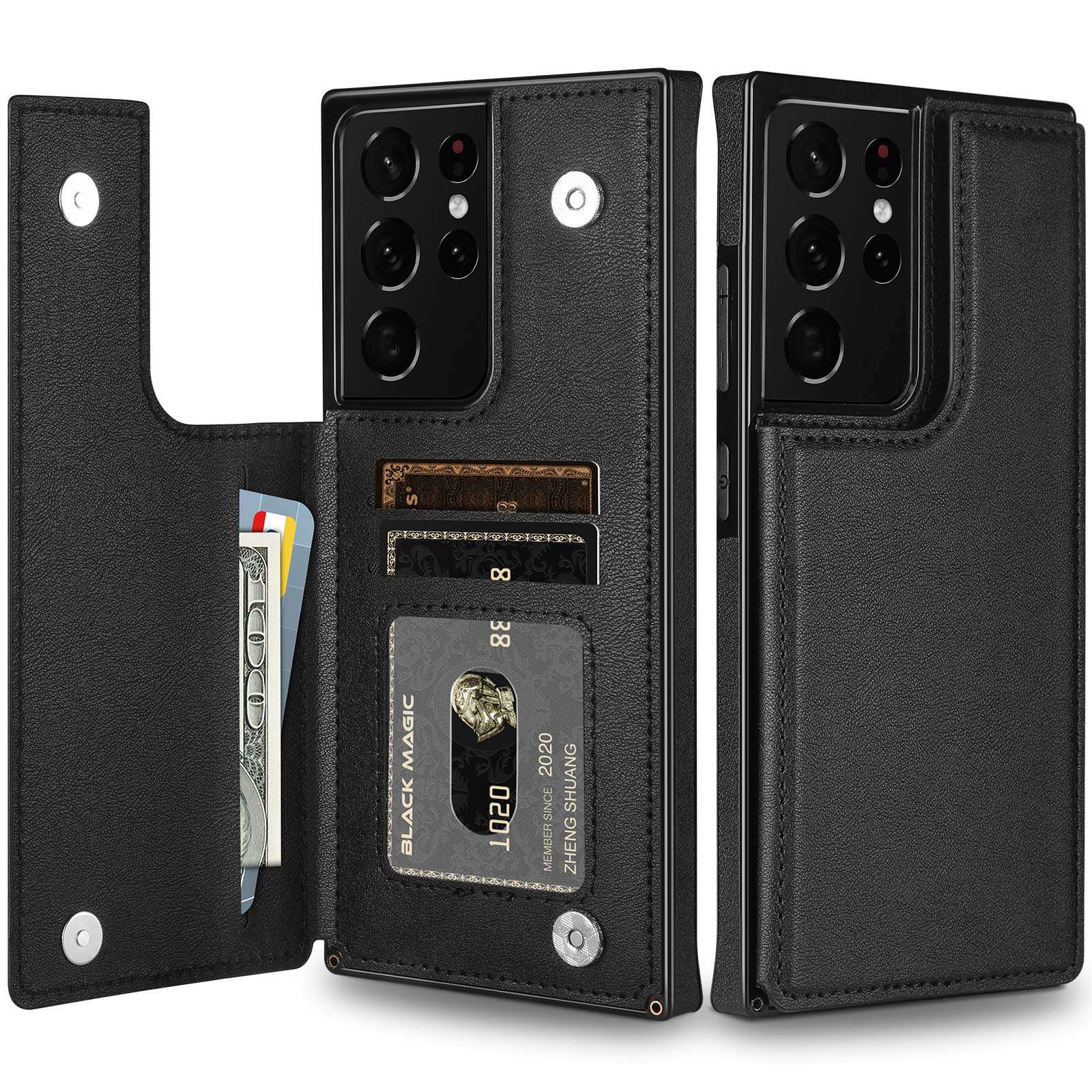 HianDier Compatible with Samsung Galaxy S21 Ultra Wallet Case 5G 6.8 Inch Slim Protective Case Credit Card Slot Holder Flip Folio Soft PU Leather Magnetic Closure Kickstand Square Cover, Black 1