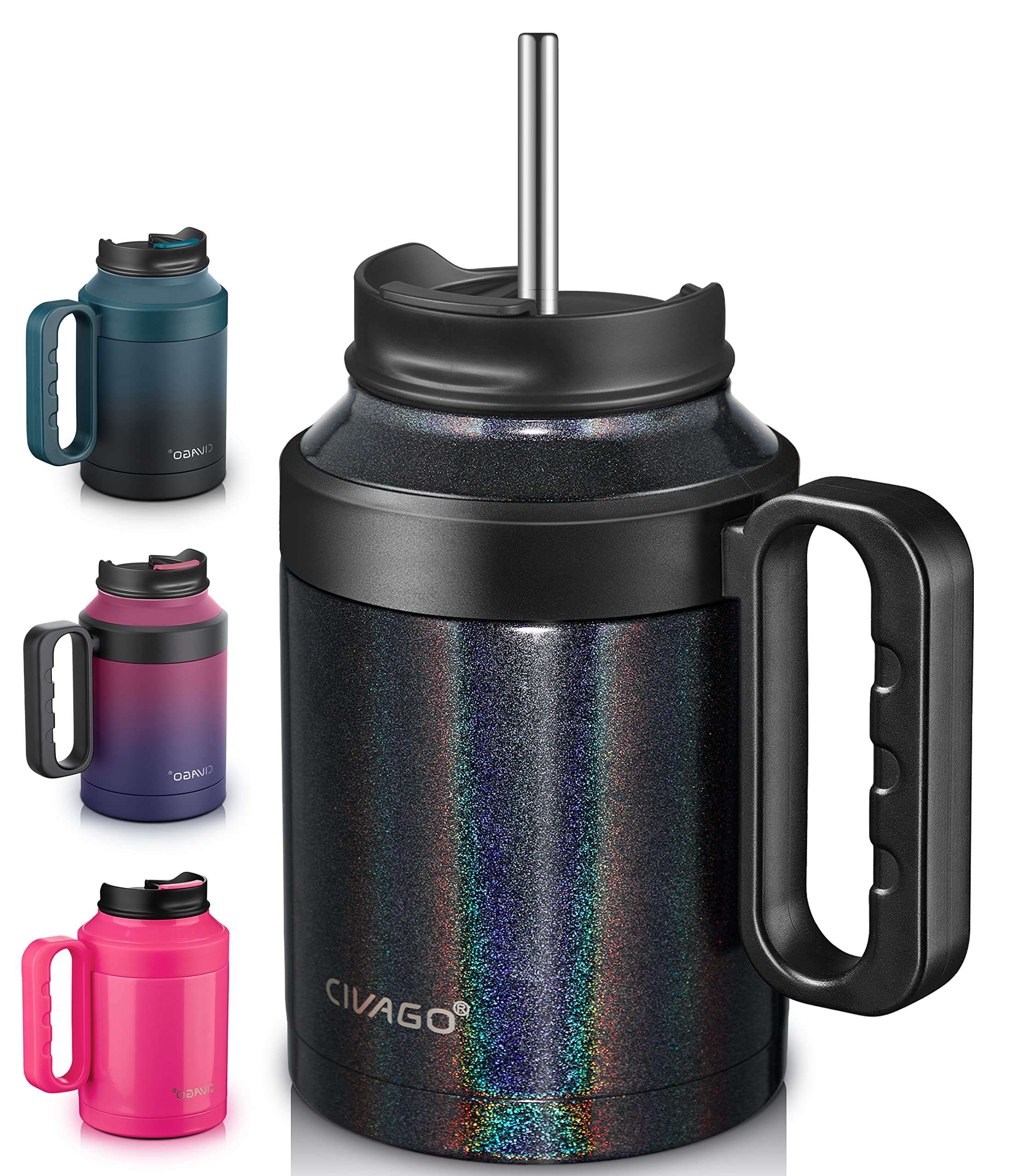 CIVAGO 50 oz Insulated Tumbler Mug with Lid and Straw, Vacuum Travel Coffee Mug with Handle, Double Wall Stainless Steel Water Cup Bottle, Black Glitter 1