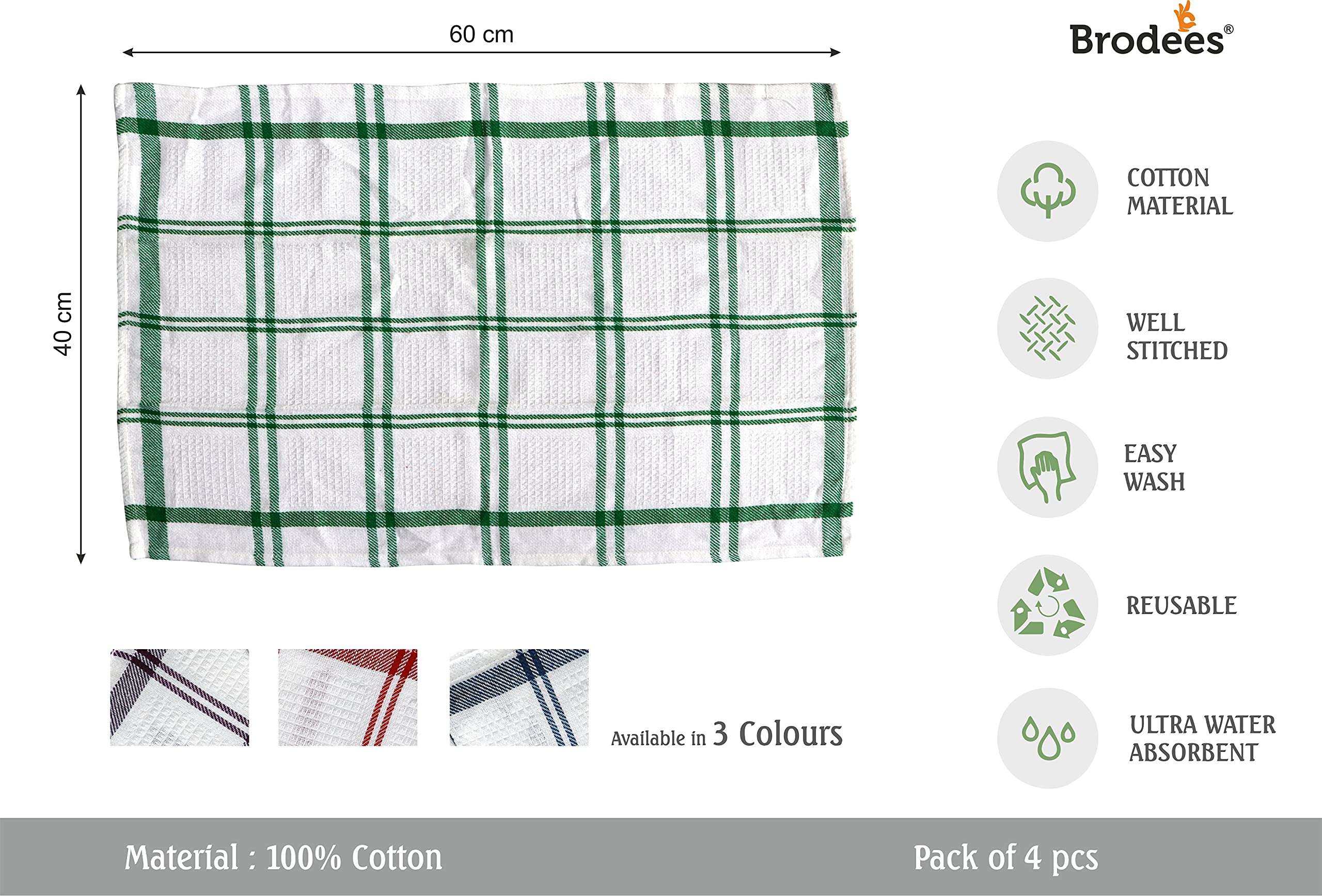 BRODEES Kitchen Towel Pack of 4 Pcs | Big Check Kitchen Towel | Size 40 x 60 cm | Red, Blue, Green & Purple Color 5