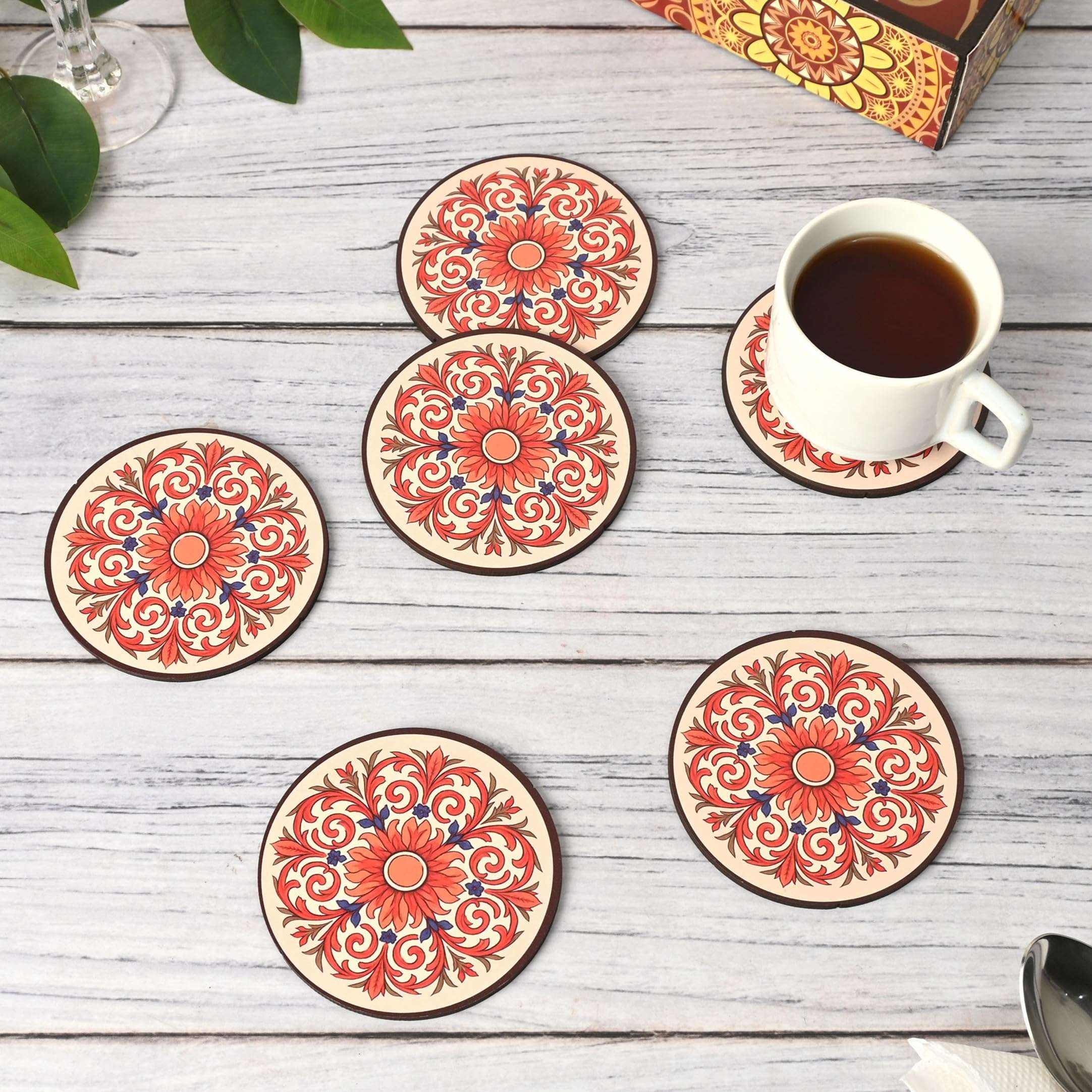 GKD Flower Coasters Wooden Tea & Coffee Coasters Set of 6 with Stand | Round Coasters 3.5 Inch | Heat & Water Resistant Table Coasters for Cups, Mugs & Glasses | Made in India 1