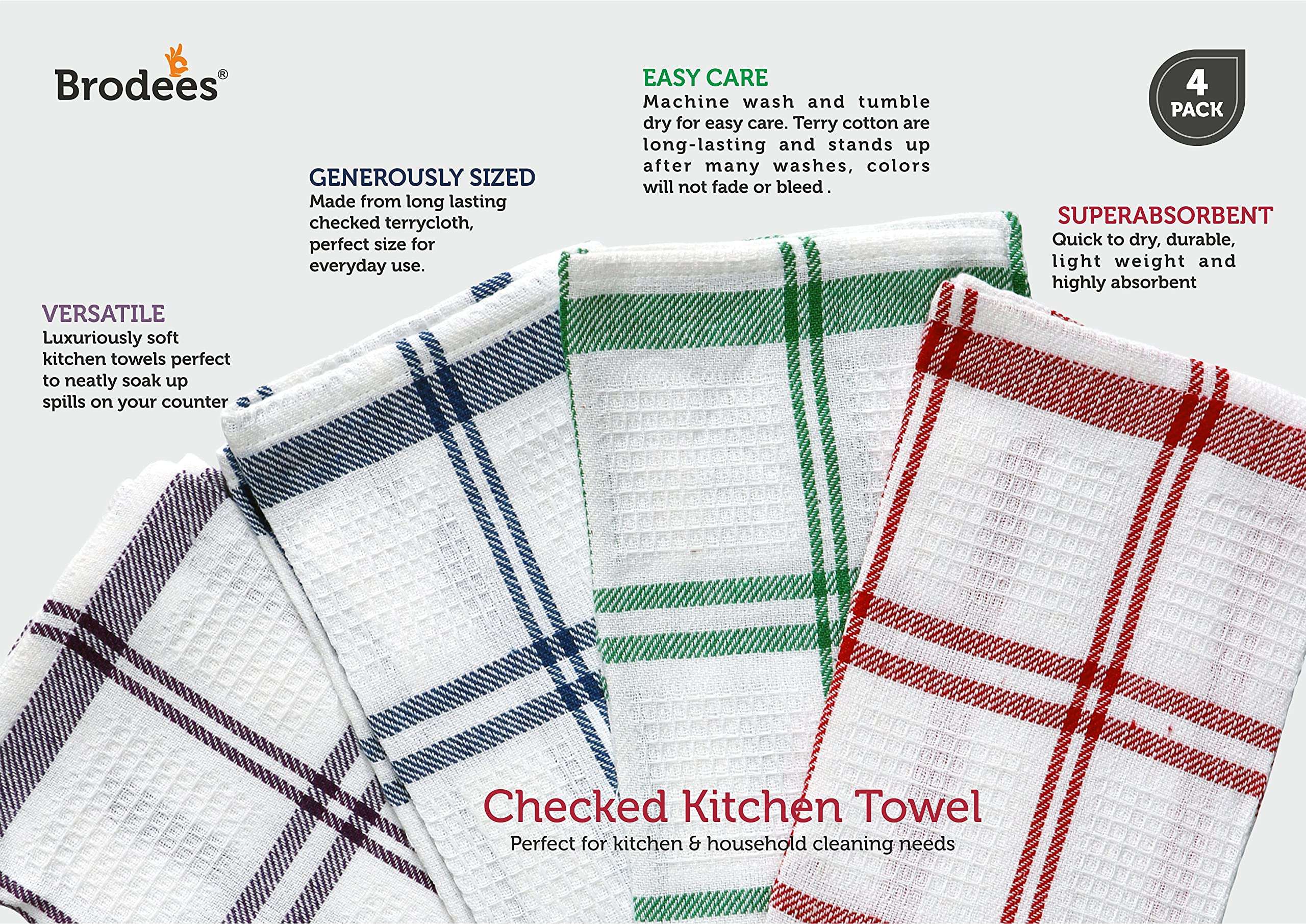 BRODEES Kitchen Towel Pack of 4 Pcs | Big Check Kitchen Towel | Size 40 x 60 cm | Red, Blue, Green & Purple Color 4