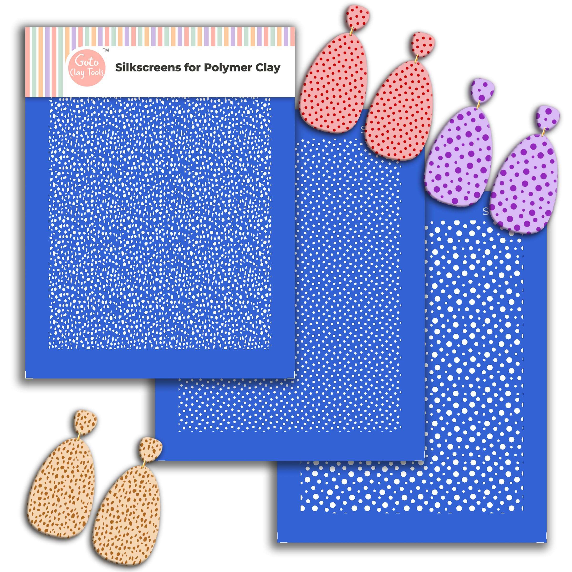 GOTO Clay Tools Multi Pattern Silk Screen Stencils for Polymer Clay, 3 PCS Polka dots Pattern Silkscreen for Polymer Clay Earring Making, Reusable Silk Screen Stencils SSCMB-5 3