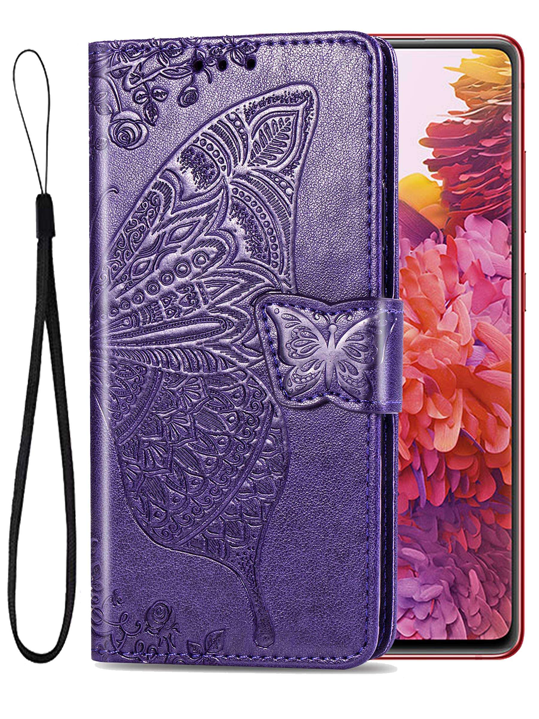 Stilluxy s 20 FE case Wallet flip case 4g 5g Compatible with Samsung Galaxy s20 fe Phone Cover Butterfly Floral for Women and Girl s 20 s20efcase 6.5 inch (Dark Purple) 1