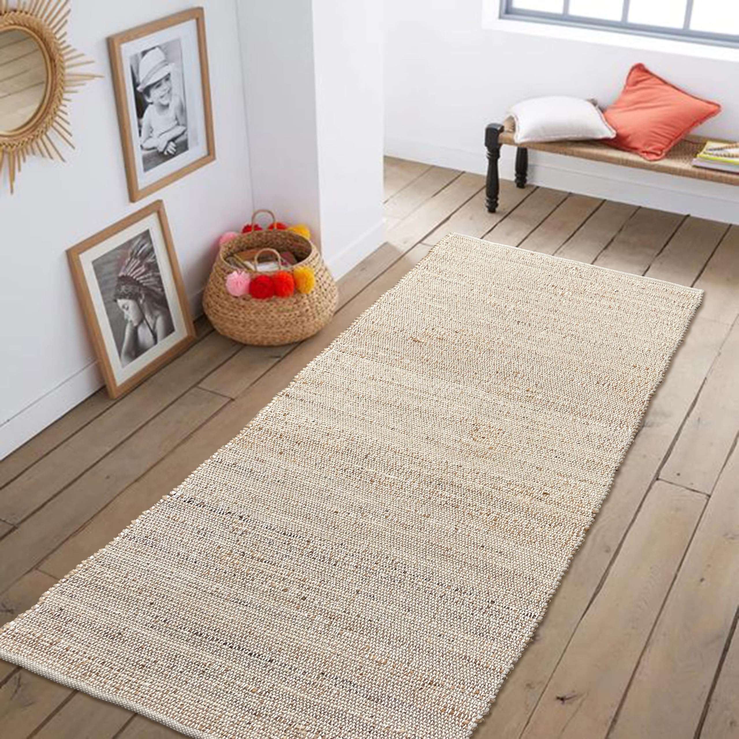 Chardin home 2x5 Jute Cotton Hand Woven Runner Rug, Natural Jute Braided Hallway mat, Boho, Rustic, Farmhouse, Vintage, Reversible Natural Fiber Rugs for Bedroom, Living Room, Kitchen,entryway