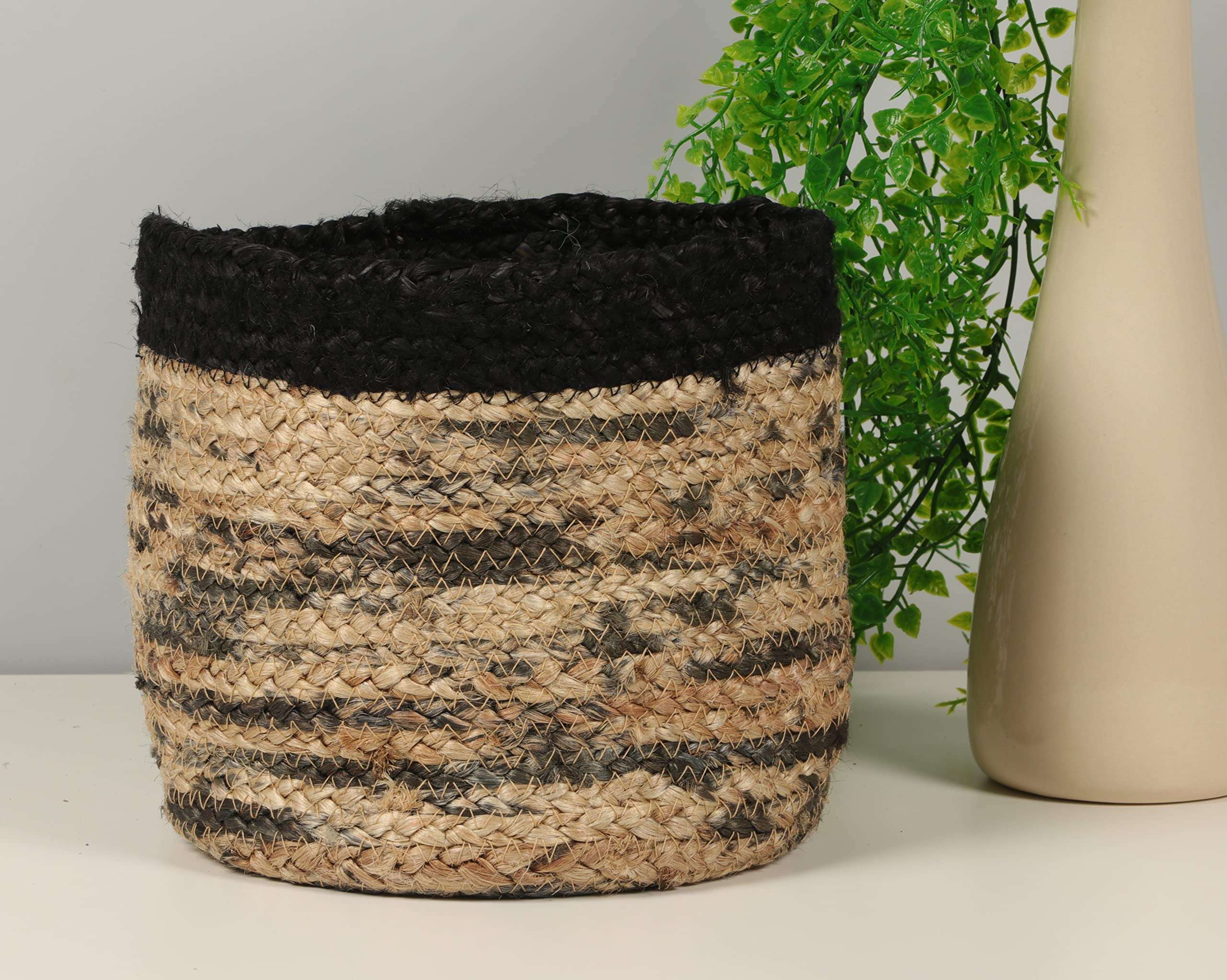 PrintShoppie Jute Basket for Storage, Clothes, Kitchen, Planter (1 Piece, Beige-Black, 15x15 cm) - Handmade Basket for Desk Organizer, Fruits, Vegetables, Home, Toys, Picnic, Wardrobe, Travelling 1