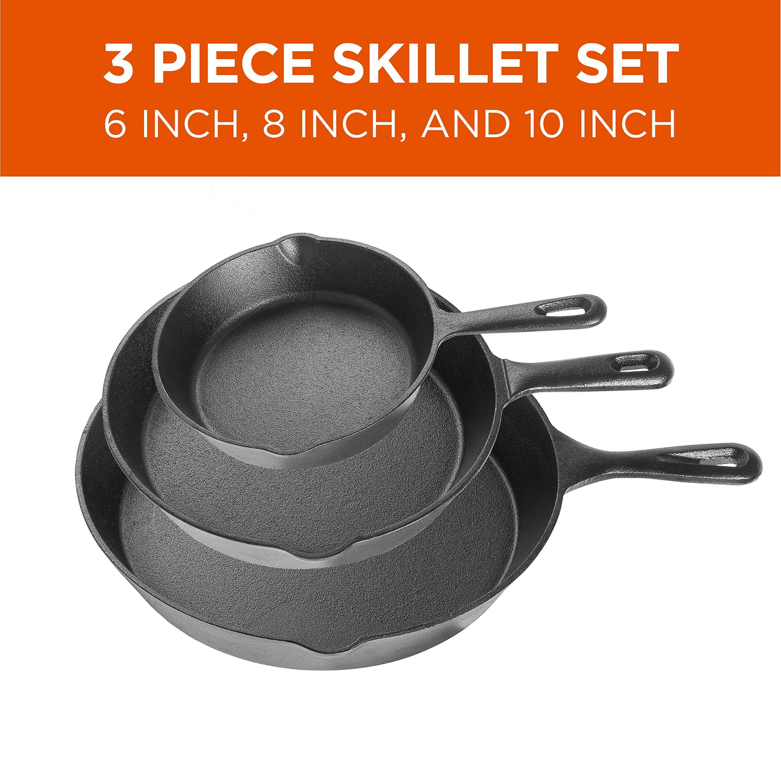 Commercial CHEF 3-Piece Cast Iron Skillet Set – 6 inch, 8 inch, and 10 inch - Pre-seasoned Cast Iron Cookware, Black 3