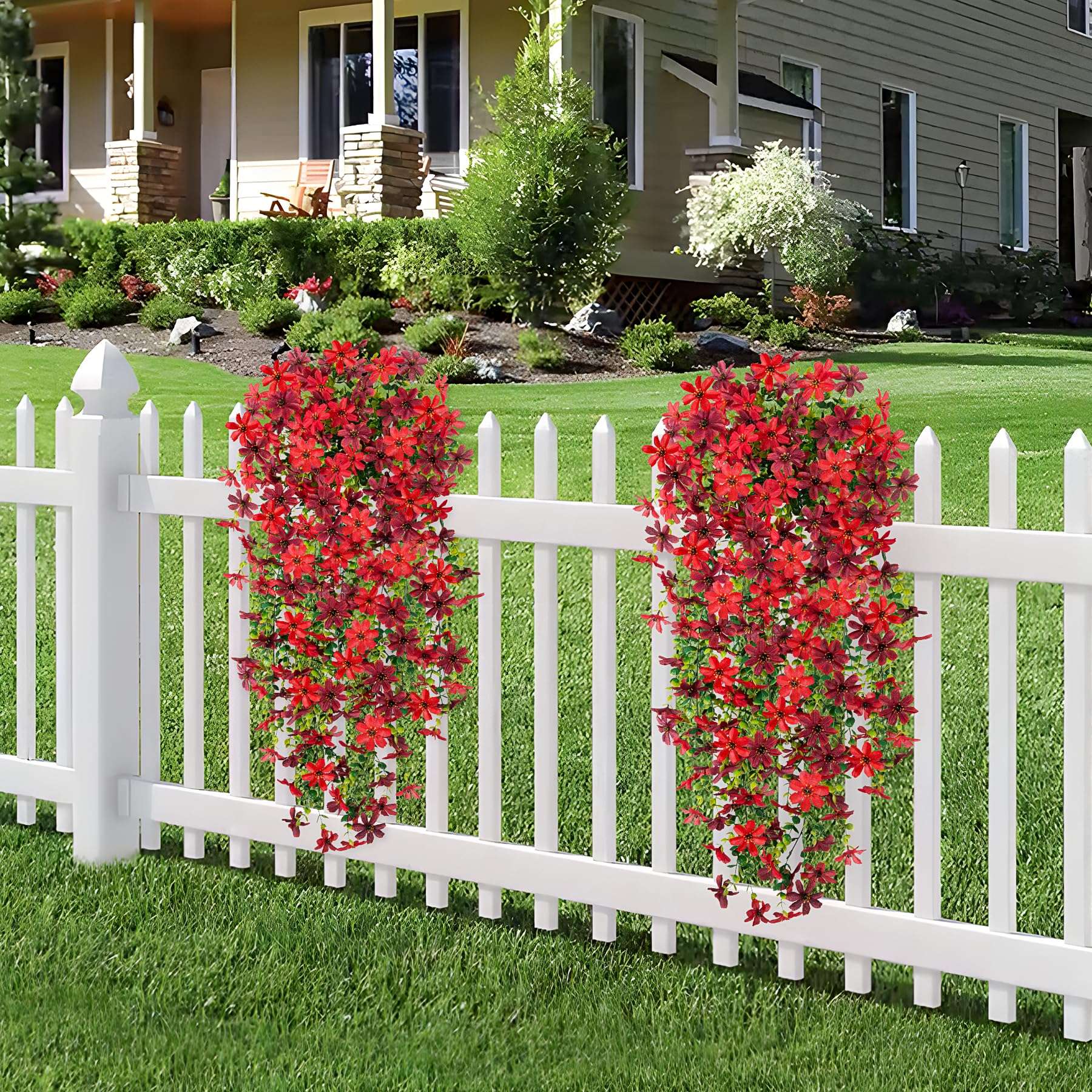 Artificial Hanging Flowers Outdoor Spring Decoration, Fake Hanging Vine Plants UV Resistant, Faux Daisy Flower Eucalyptus for Outside Home Indoor Porch, Red Brown 4