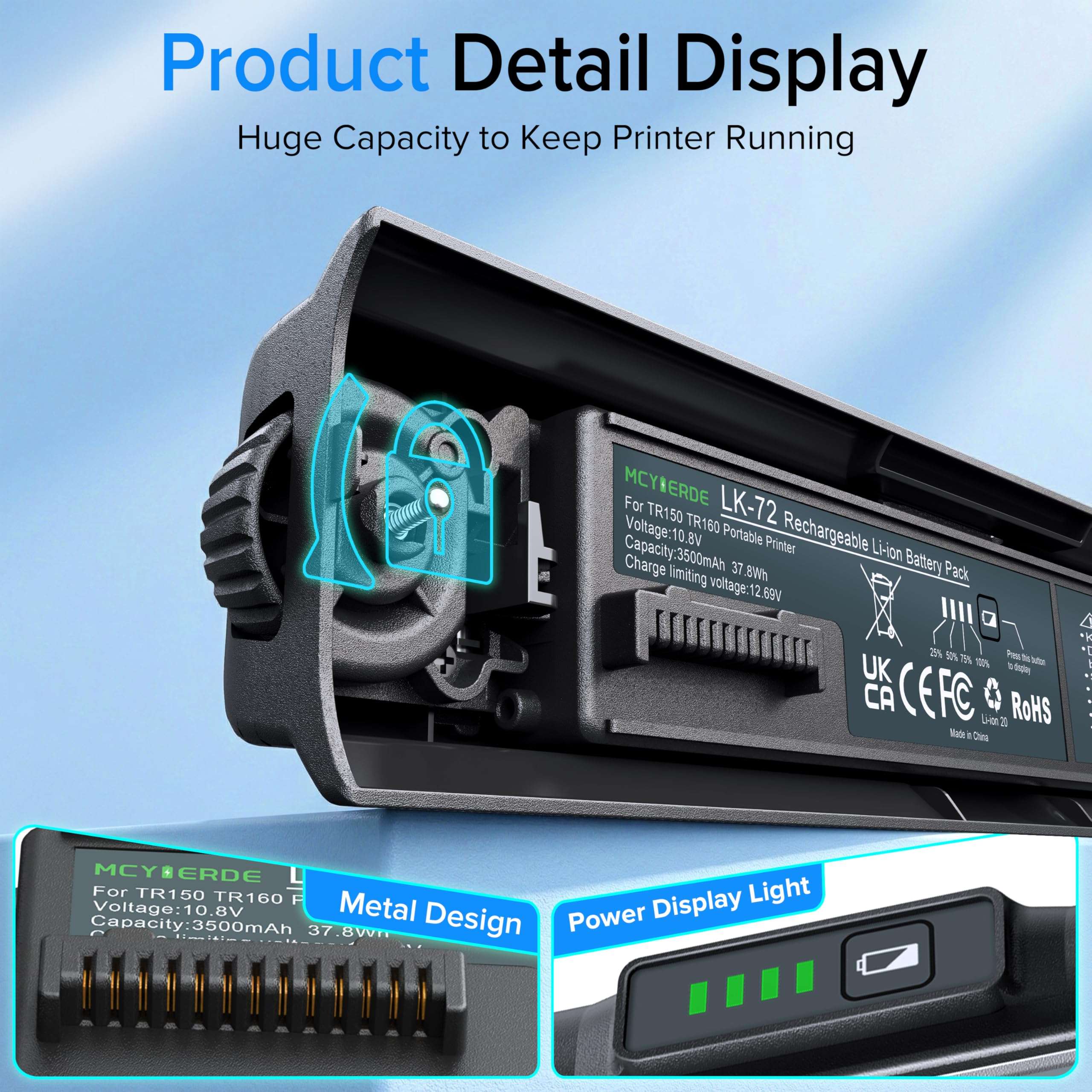 MCYIERDE LK-72 Replacement Battery with Battery Cover, for TR150/TR160, Rechargeable 10.8V 3500mAh Portable Printer Power Pack 6