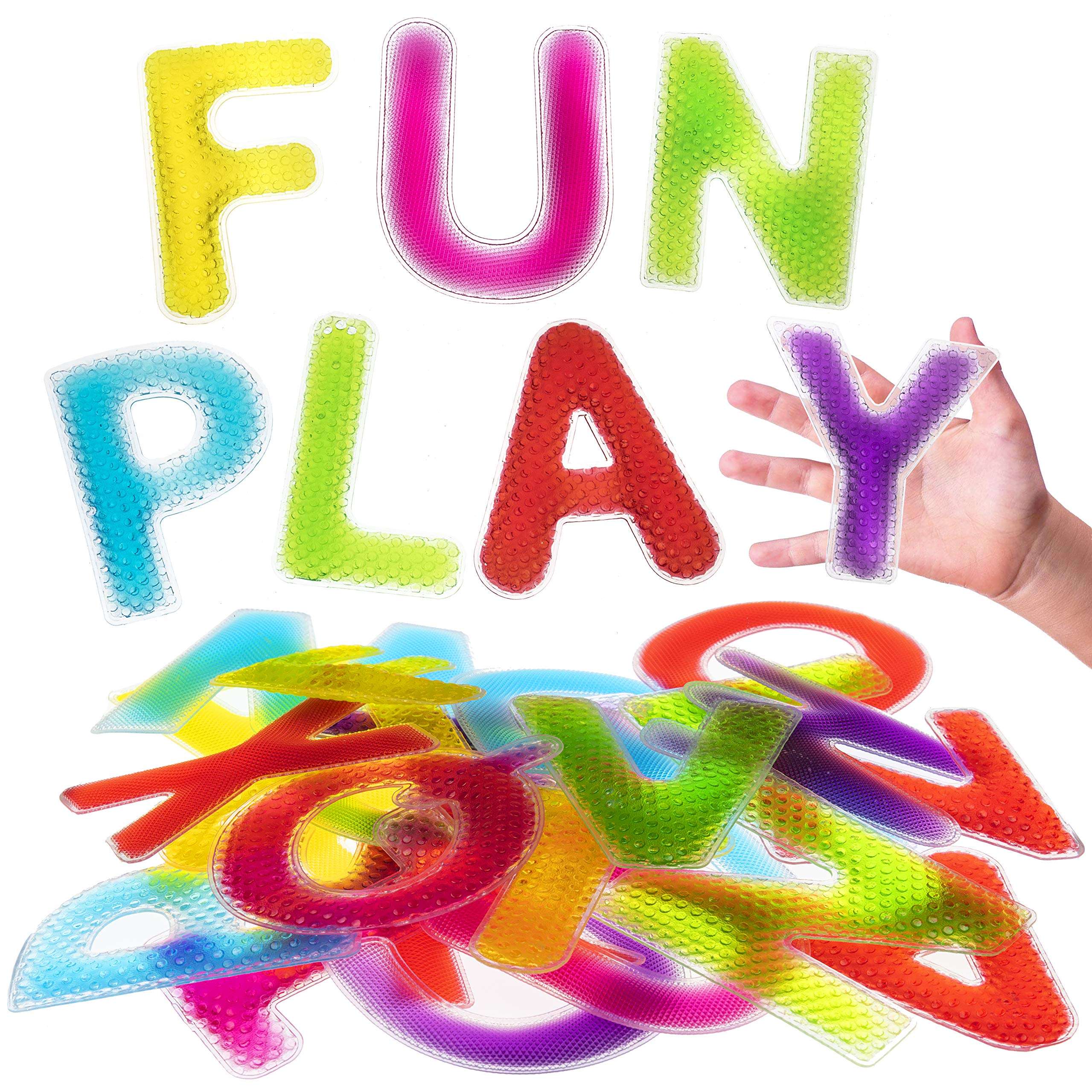 Playlearn 26pc Large Size Sensory Alphabet Letters - Multiple Textures - Gel Filled Tactile Letters - ABC Learning Toy - Light Table Toy 1