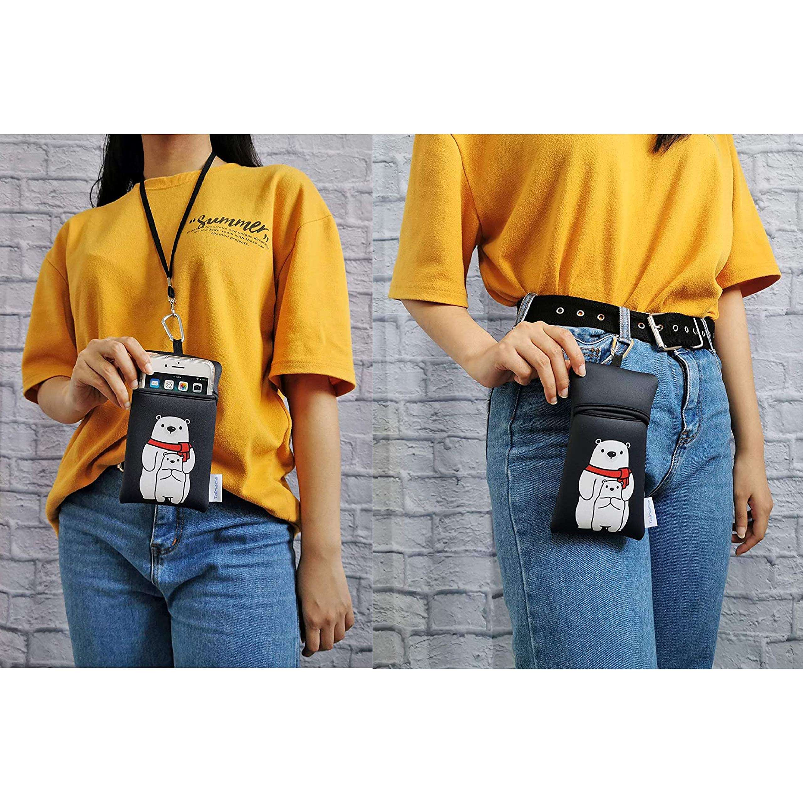 Tainada Men Women Neoprene Carry Bag Phone Sleeve Pouch with Carabiner & Neck Lanyard for iPhone 15/14 / 13, 15/14 Pro, Samsung S24+, S24, S23+, S23, A54, Z Fold5 (Bear Family Black, Large) 3