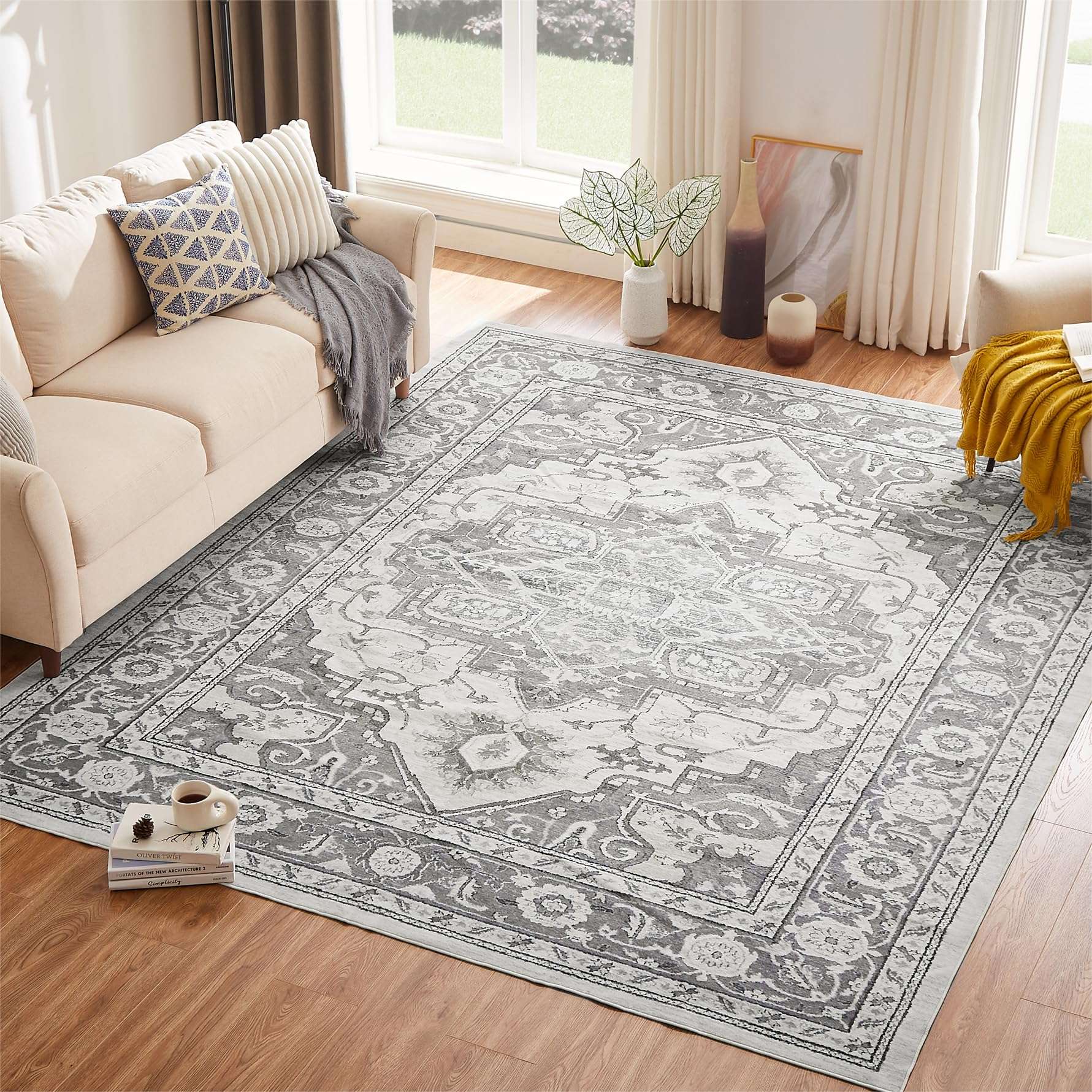 Machine Washable Rug 5' x 7' Modern Abstract Area Rug with Non-Slip Backing Washable Area Rugs for Living Room Non-Shedding Indoor Floor Grey Rug 1