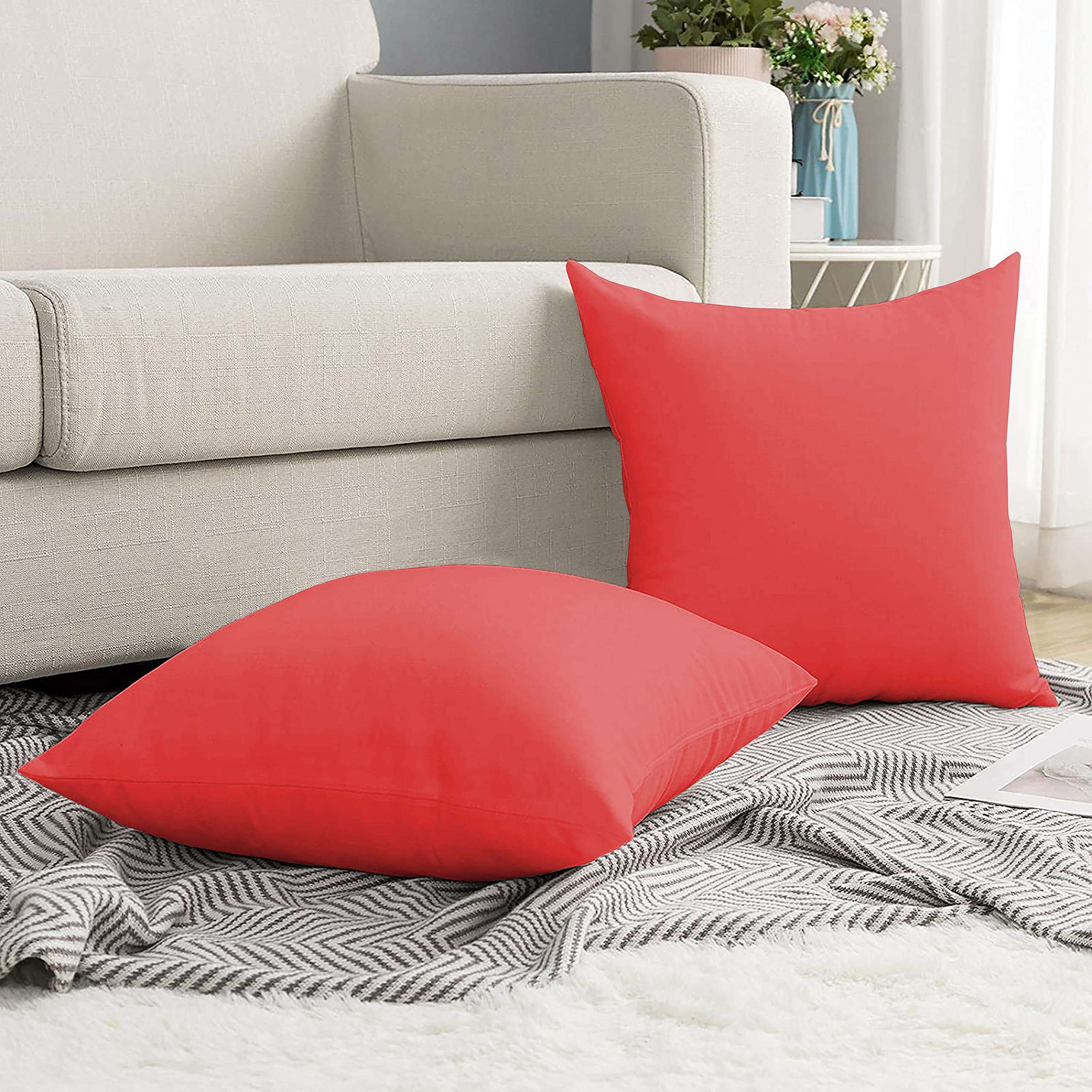 3 Pcs Solid Color Cotton Decorative Cushion Cover 400-TC 100% Egyptian Cotton for Sofa Throw Cushion Covers (24x24) inches - Red 3
