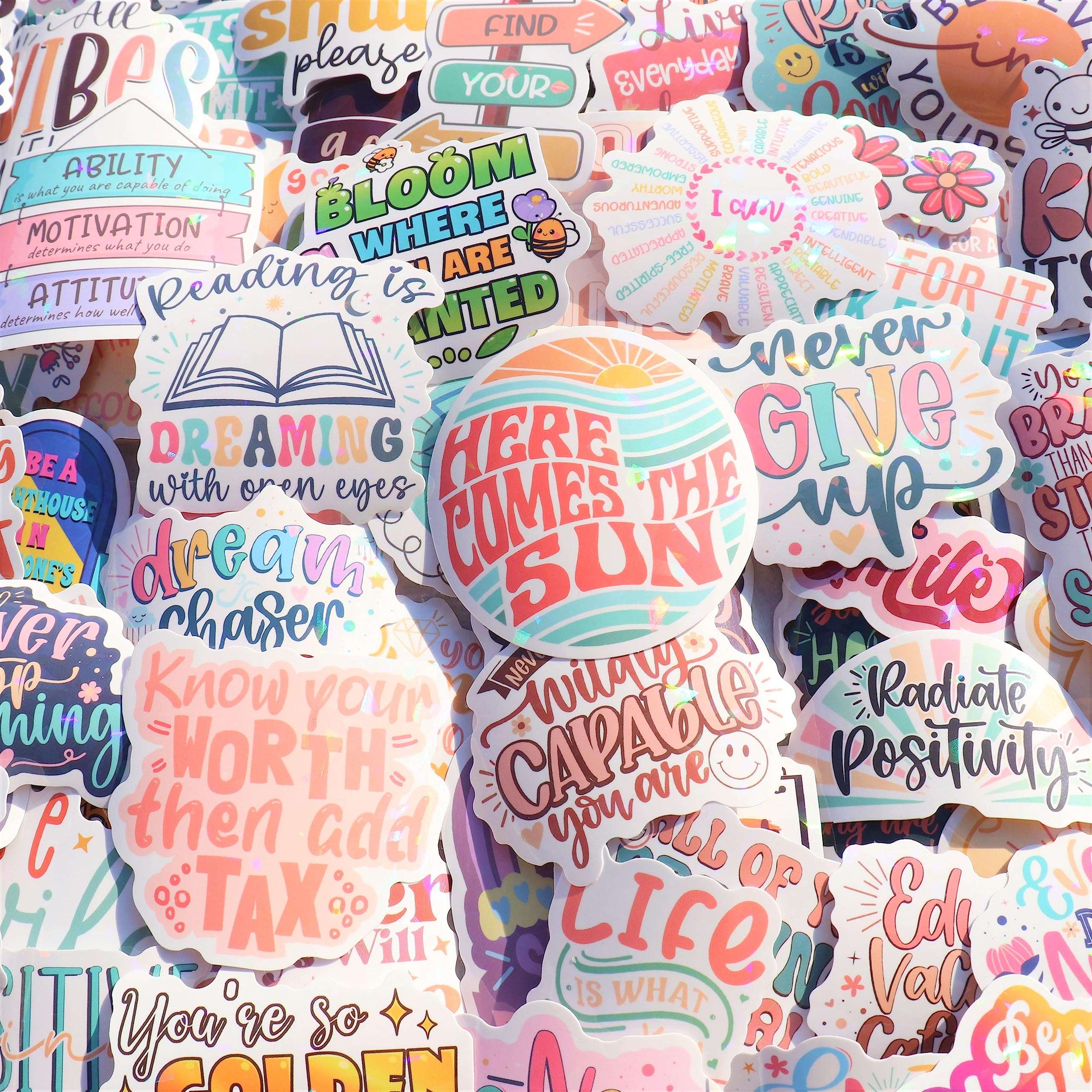 200PCS Affirmation Stickers, Holographic Motivational Sticker Pack, Positive Journal Encouraging Shiny Quotes for Kids, Teachers, Classroom, Waterproof Scrapbook Supplies (200) 4