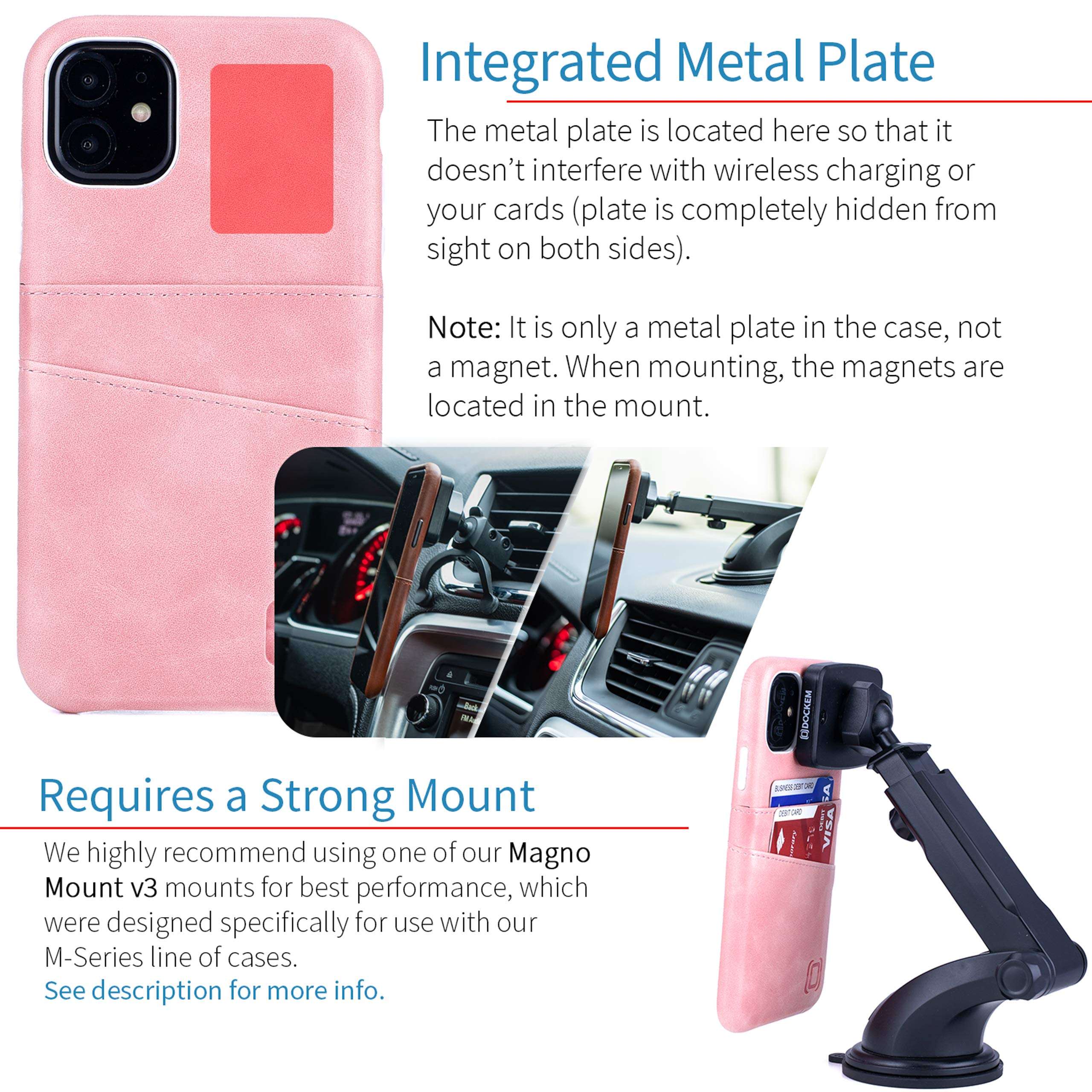 Dockem Wallet Case for iPhone 11: Built-in Metal Plate for Magnetic Mounting & 2 Credit Card Holders; Exec M2, 6.1", Smooth Synthetic Leather: (Pink) 3