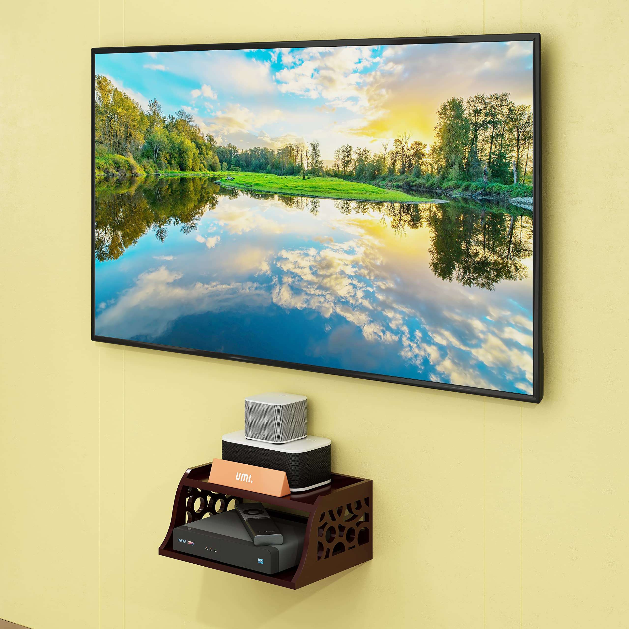 Amazon Brand - Umi Wooden Set Top Box Wall Shelf for Setup Box WiFi Router | AC Remote Stand Wall Mounted Shelves (Brown) 3